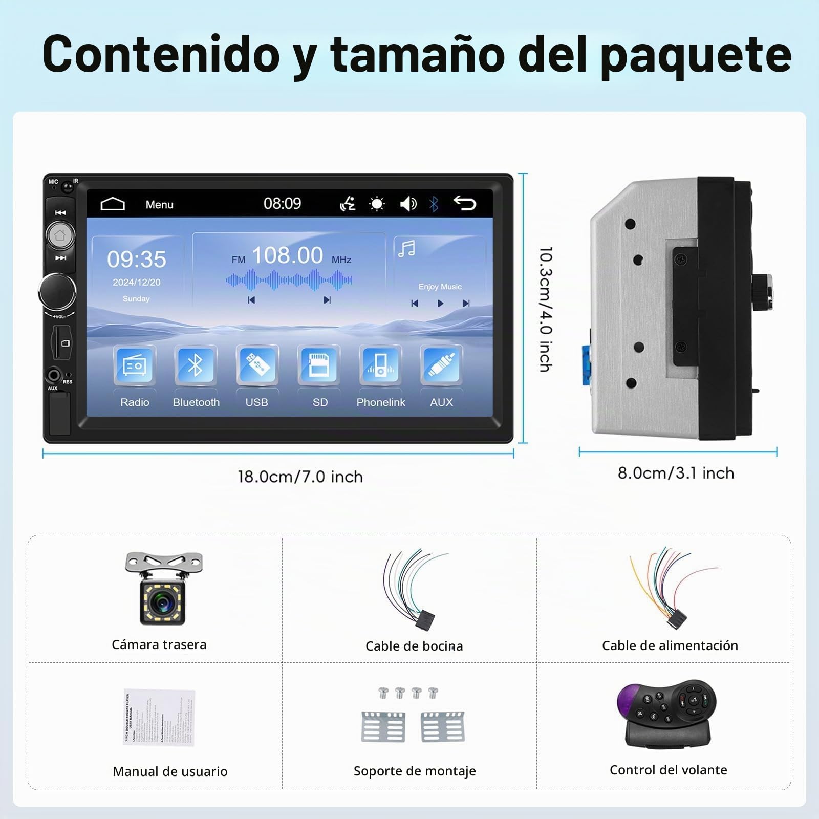 Radio Coche 2 DIN con Pantalla Táctil IPS de 7 Pulgadas Manos Libres, USB, AUX, TF, FM, Pantalla compartida Mirror Link, Reproductor MP5 y cámara de visión Trasera.