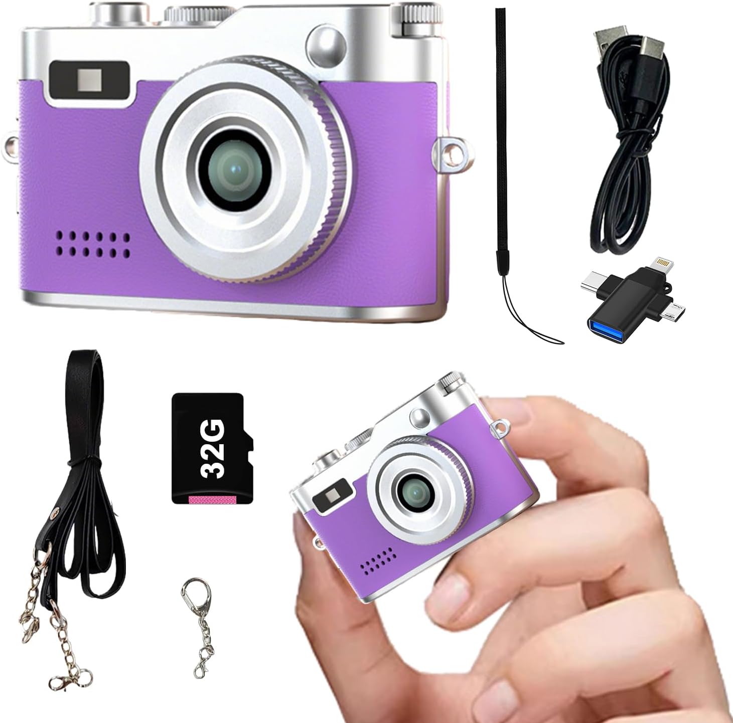 Keychain Retro Camera，Mini Micro Digital Tiny Digital Photo Camera，1080P FHD Tiny Portable Small Cameras Pocket Video Recorder，for Travel Study Recording (Purple-32G)