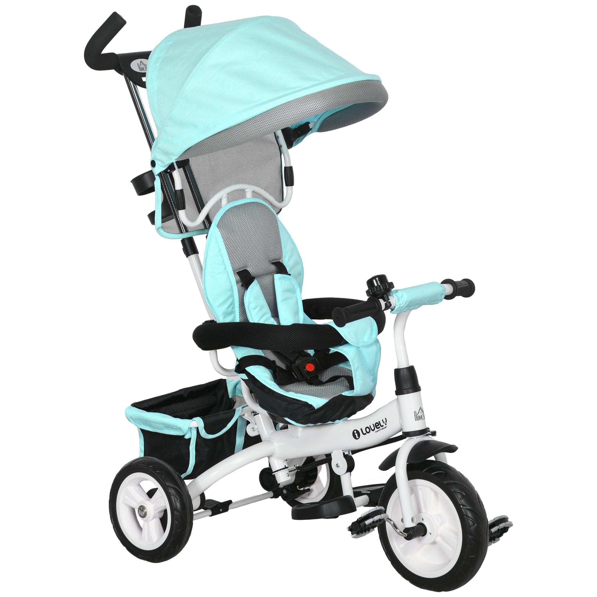 HOMCOM 6 in 1 Baby Trike, Kids Tricycle, Pedal Push Bike w/Parent Handle, Removable Canopy, 5-Point Harness, Storage, Footrest, Brake, for 1-5 Years Toddler, Blue