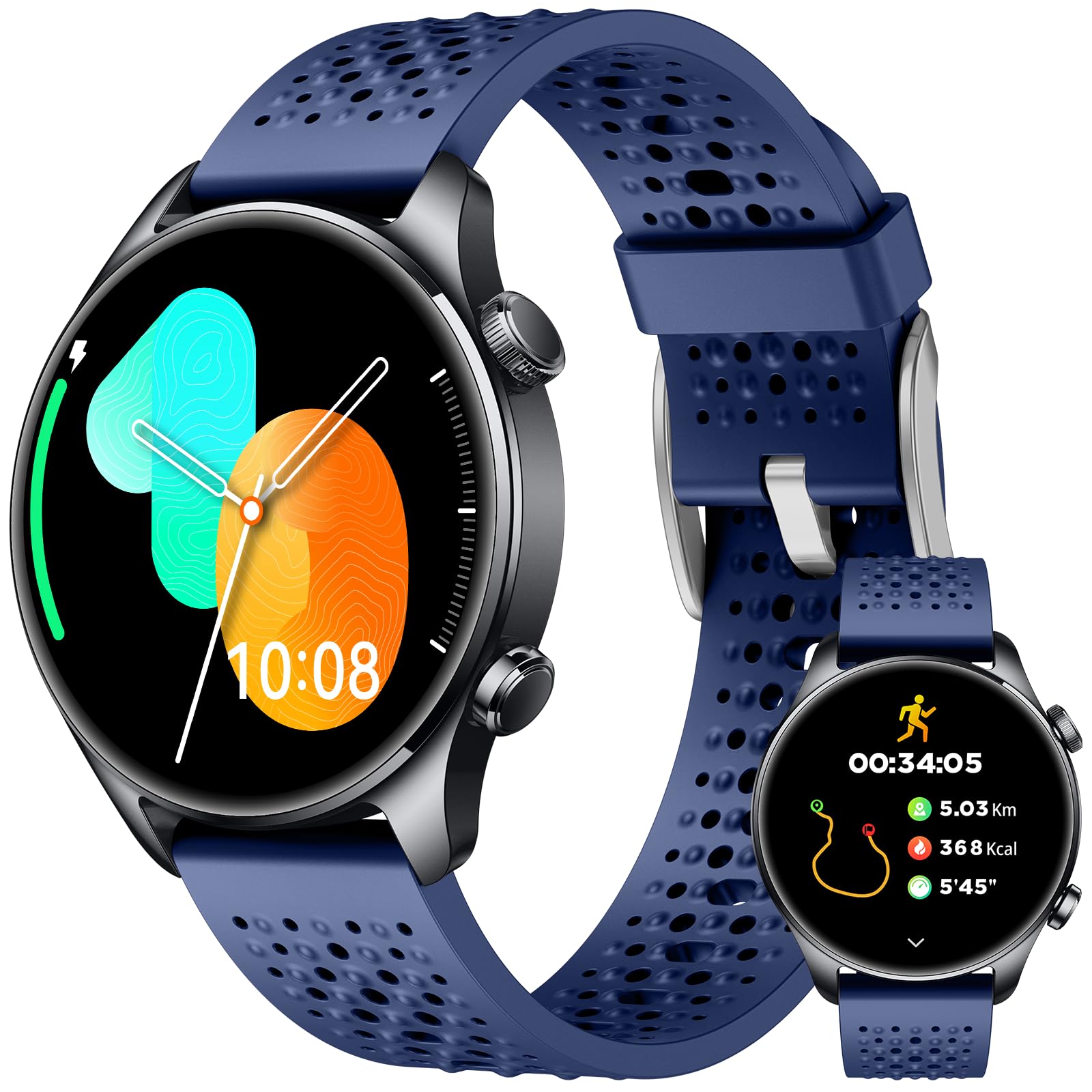 Smartwatch Herren mit GPS 30m Wasserdicht, Laufuhr für Android und iOS Blau | Herren Fitness Uhr Bluetooth Anruf Zolovip 1,44 Zoll AMOLED Rundes Display, Herzfrequenz/Schlaf/SpO2-Monitor, 100+ Sportmodi