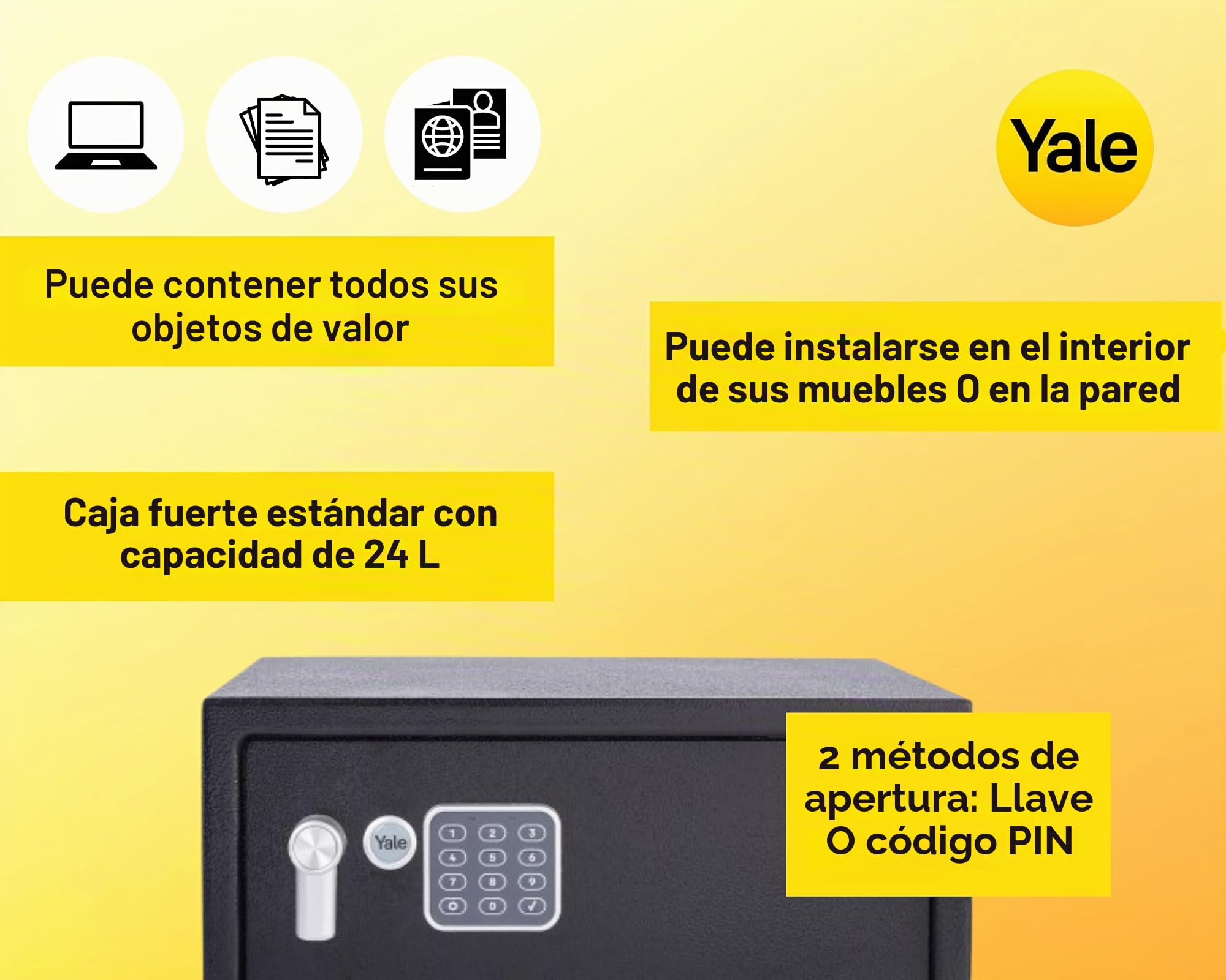Yale Caja Fuerte Electrónica Portátil YLV/200/DB2, Negro, PIN Digital 3–8 dígitos, 2 llaves, ideal para portátiles y objetos de valor en casa u oficina