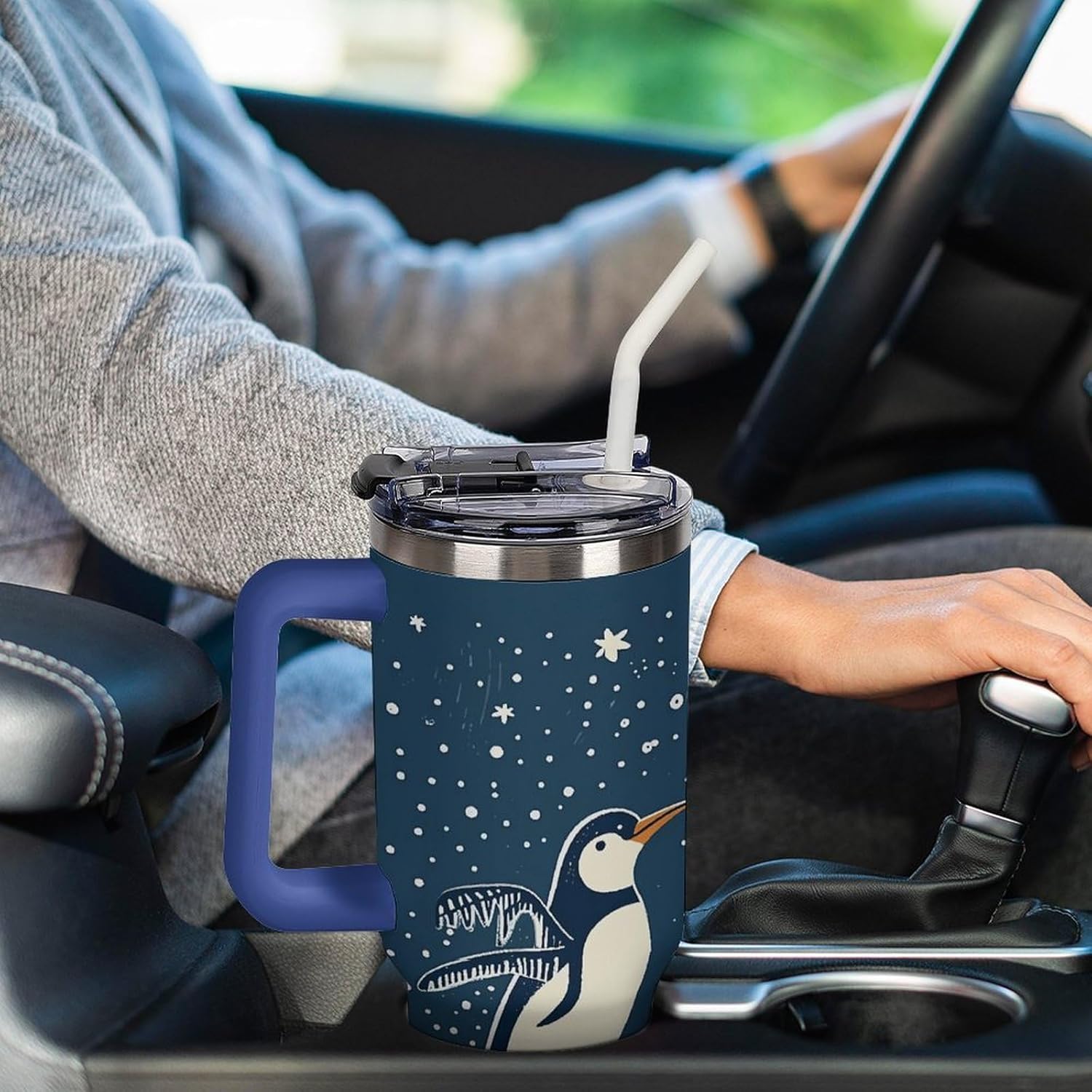 Dancing Penguin Travel Coffee Mug Reusable Durable Stainless Steel Insulated Tumbler with Handle And Straw Leak Resistant Portable Thermal Cup Gifts for Men Women 40 Oz