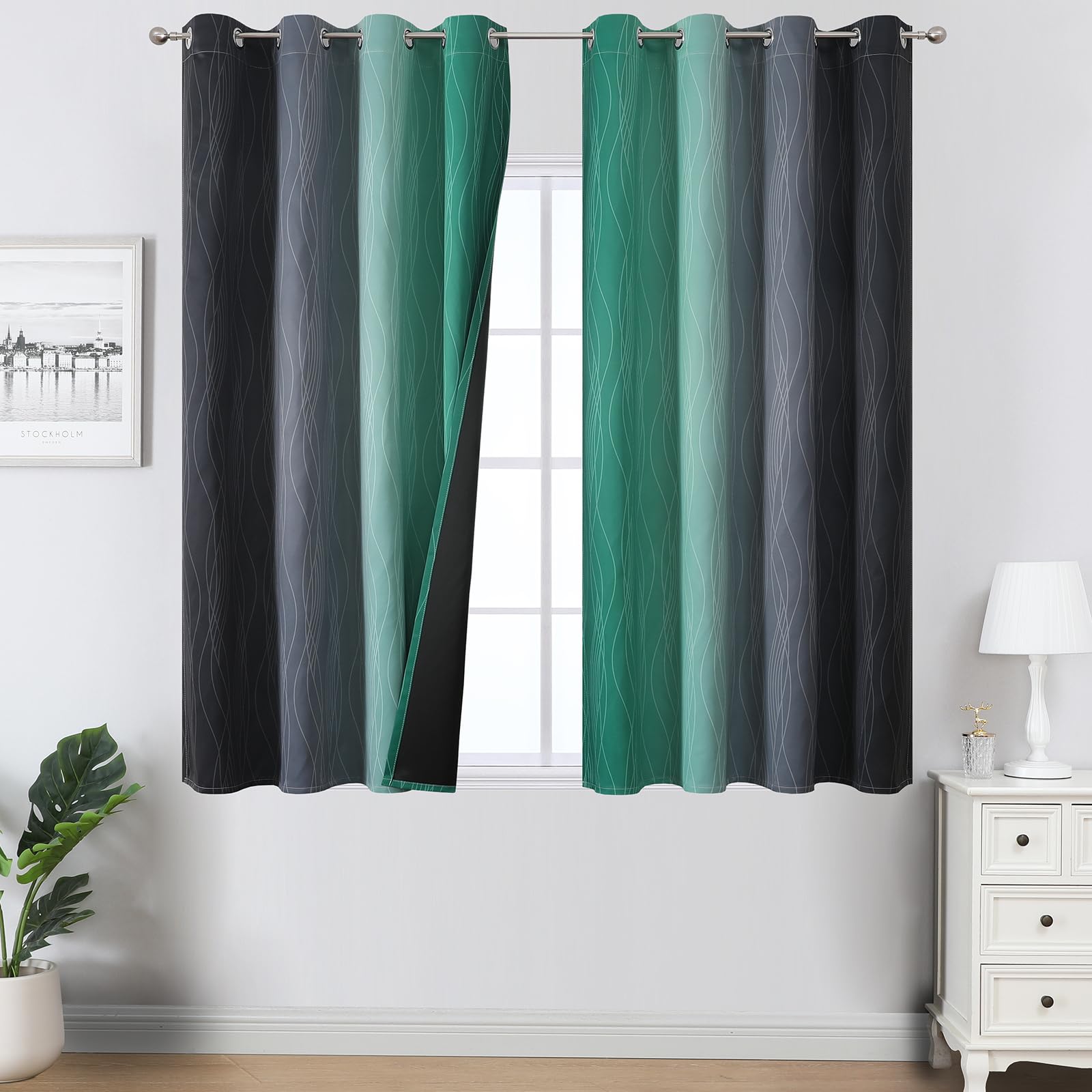 Estelar Textiler Black and Green Ombre Blackout Curtains 45 Inches Long, Full Room Darkening Gradient Drapes for Bedroom, Thermal Insulated Grommet Curtains for Short Window,52Wx45L,2 Panels