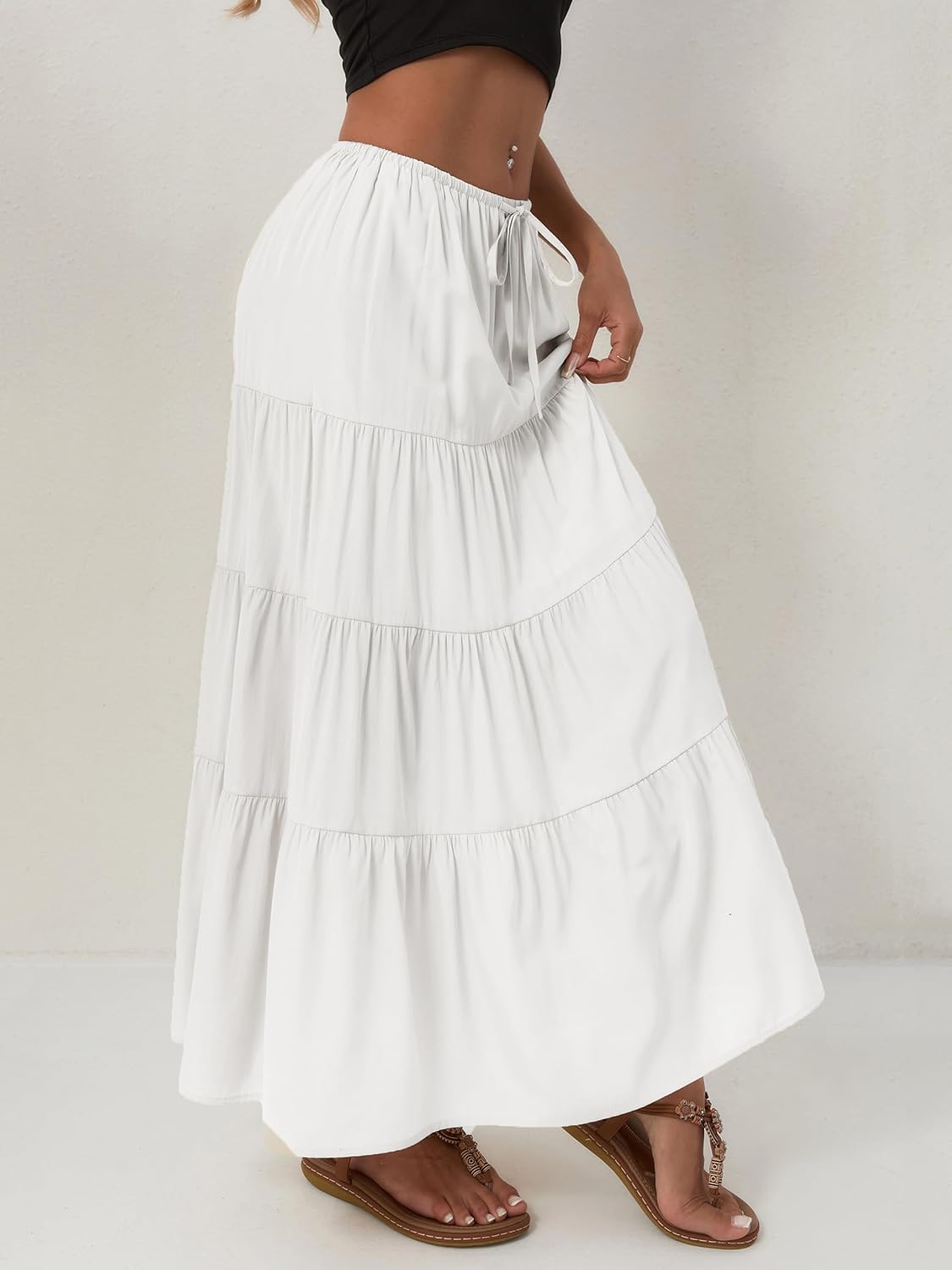 Women's Maxi Skirts Flowy Skirt Elastic High Waist Pleated A-Line Flared Long Skirts - Image 3