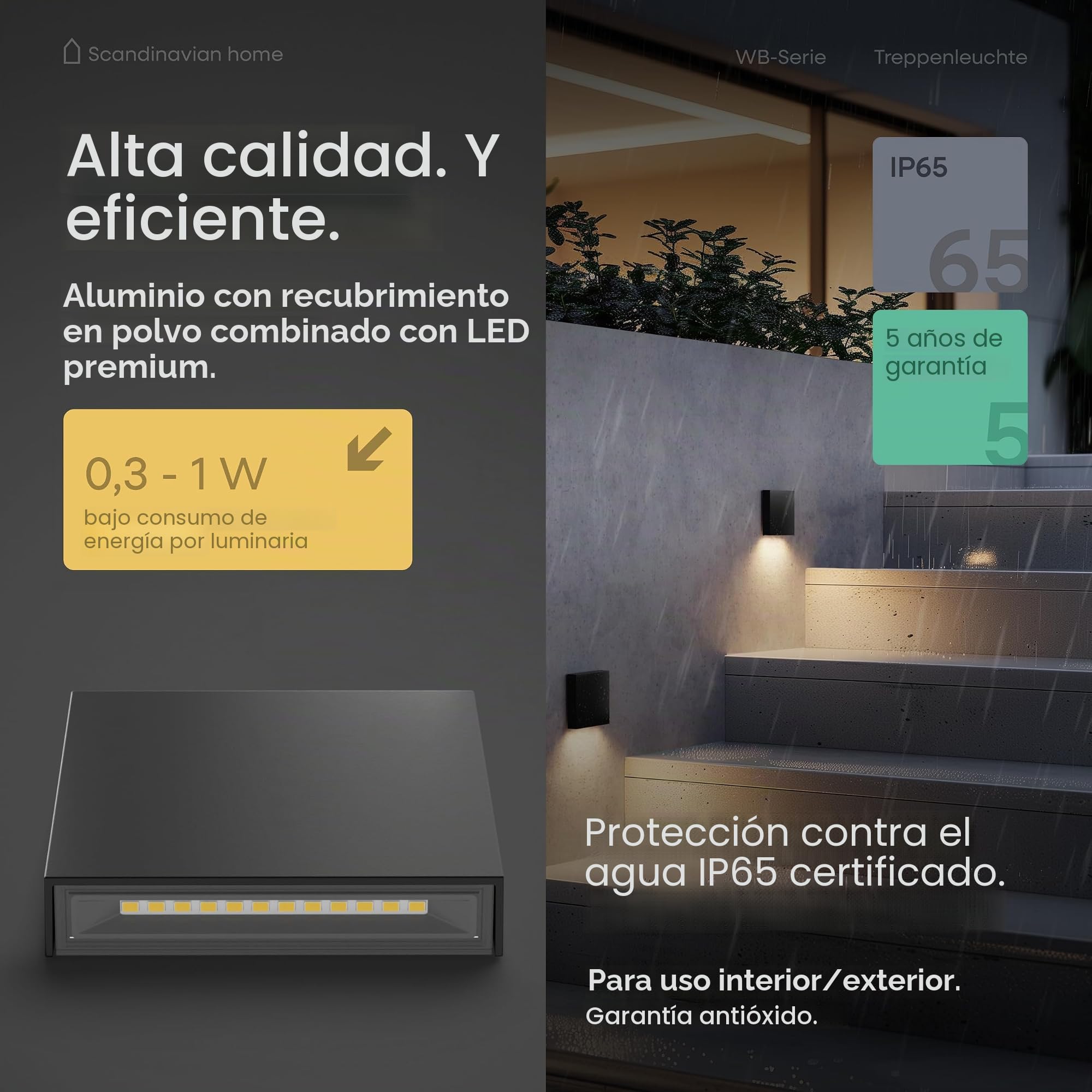 Scandinavian home Juego de 6 luces LED para escaleras de interior y exterior I Luminosidad regulable I IP65 230V 1W blanco cálido 3000K 125lm I Iluminación para escaleras, luminaria empotrada