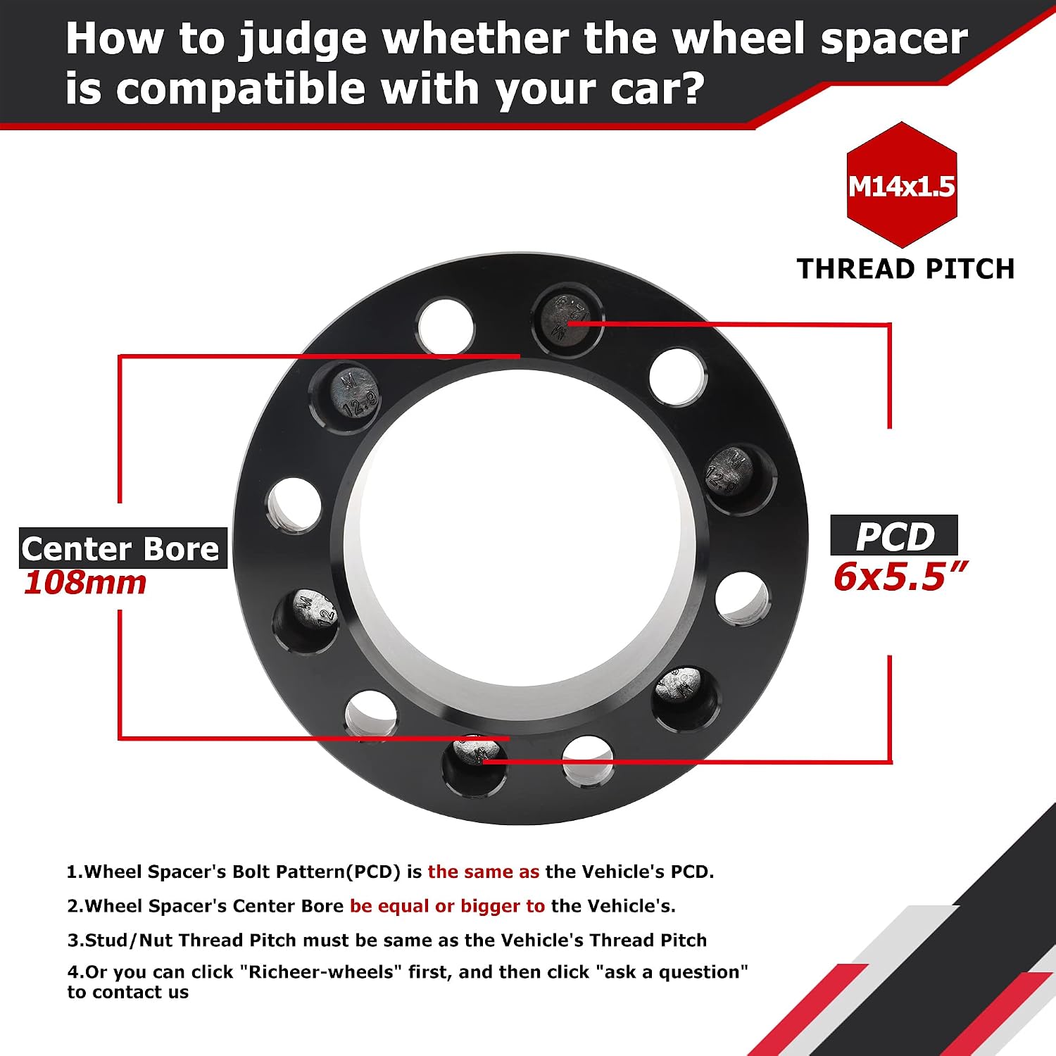 Richeer 6x5.5 Wheel Spacers for Silverado/Suburban 1500 Sierra 1500 Tahoe Avalanche Blazer Express K1500 K2500 C2500,4PCS 1.5 inch Forged 6x5.5 Wheel Spacers with 14x1.5 Studs & 108mm Center Bore