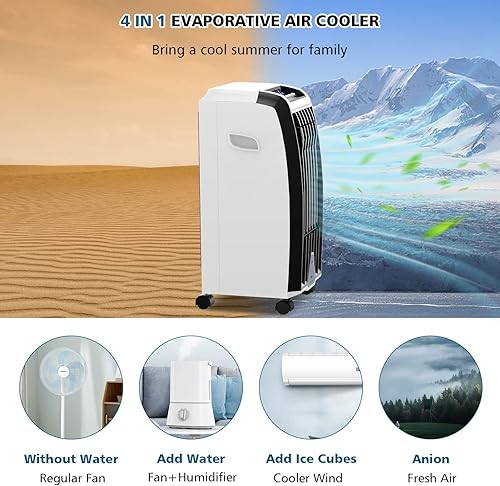 Miniatura 3 de GOFLAME Enfriador de aire evaporativo, enfriador de aire portátil con control remoto, 3 modos y velocidades, temporizador de 7.5 horas, tanque de