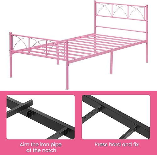 Miniatura 4 de GAOMON Base de cama tamaño individual rosa con cabecera y estribo, estructura de soporte firme, marco de cama de plataforma de metal, no necesita