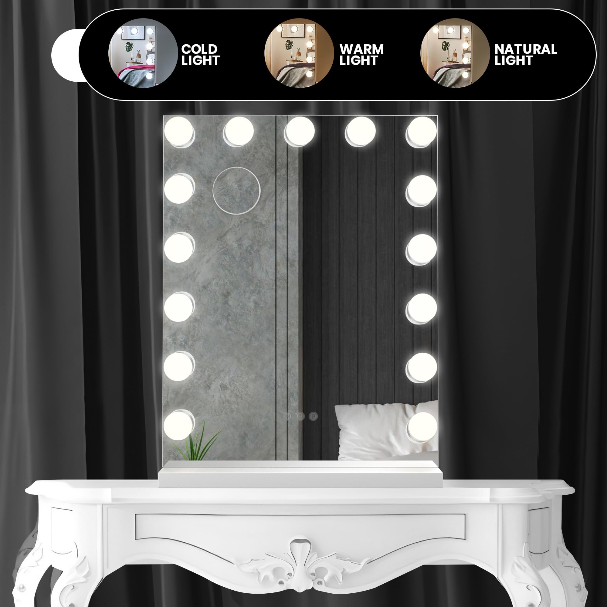 Bayt Specchio Trucco con luci LED – Specchio Hollywood Bianco 43x60 cm con 15 Lampadine Dimmerabili, 3 Tonalità di Luce (calda, fredda, naturale), Touch Screen & Specchietto Ingranditore 10x
