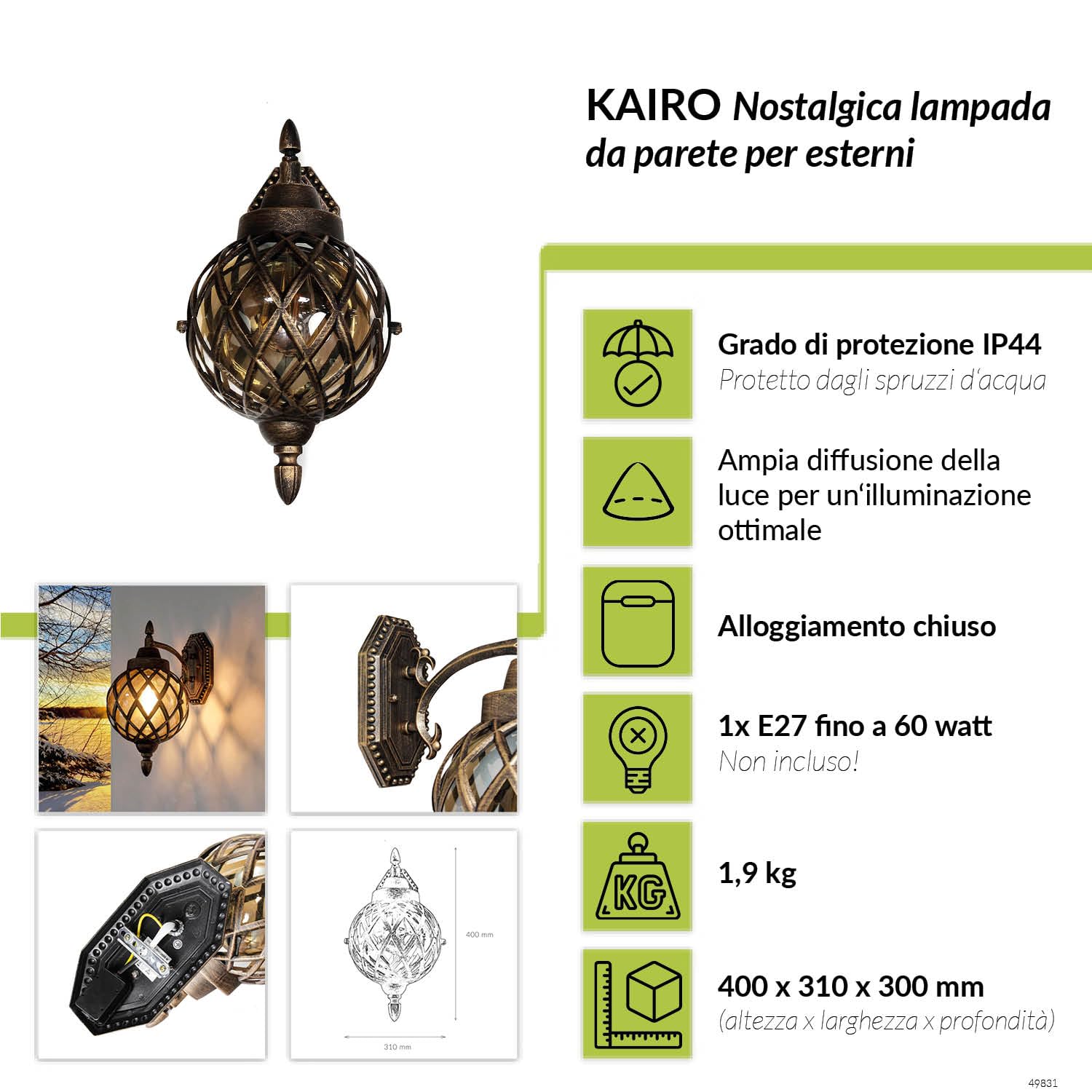 Easylight Lampada da parete da esterno Kairo design retrò in stile rustico a lanterna con forma a sfera bronzo antico IP44 E27 per porta d'ingresso giardino