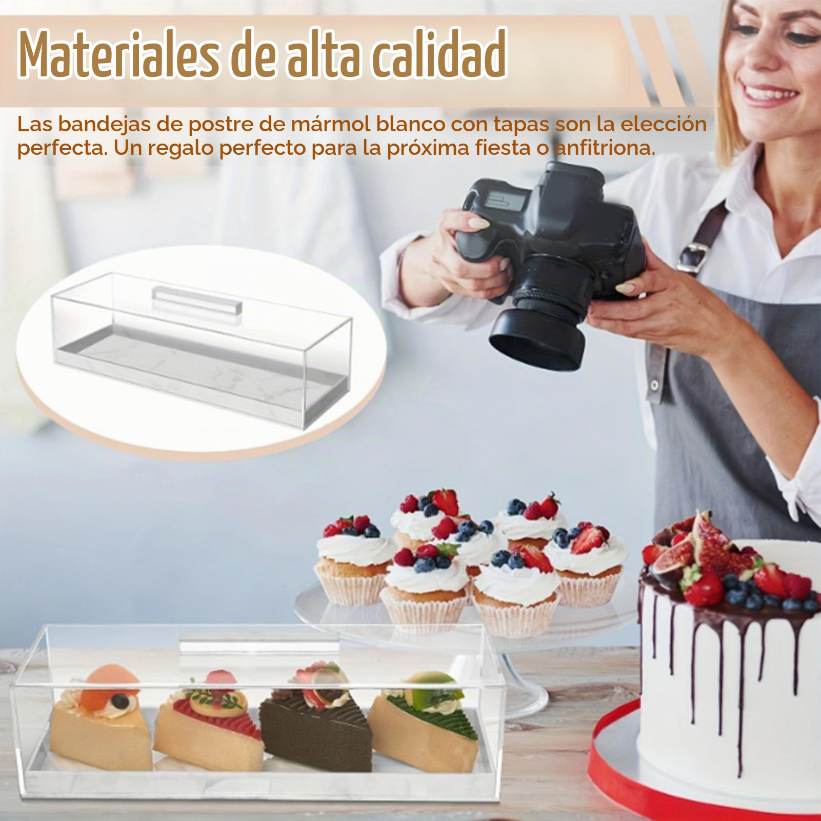 Bandeja de Pastel Rectangular, Vitrina de pastelería acrílica de mármol Bandeja de Postre Multifuncional con Tapa Transparente para Fiestas, Casas, hoteles, Tiendas de postres