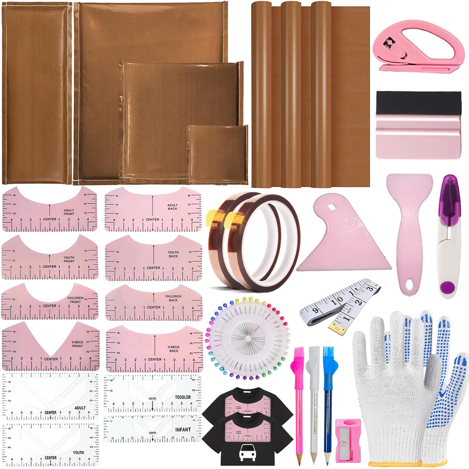 Kit di 16 tappetini termopressati in 4 diverse dimensioni, riutilizzabili, con scollo rotondo e scollo a V, righello guida per serigrafia e termopressatura