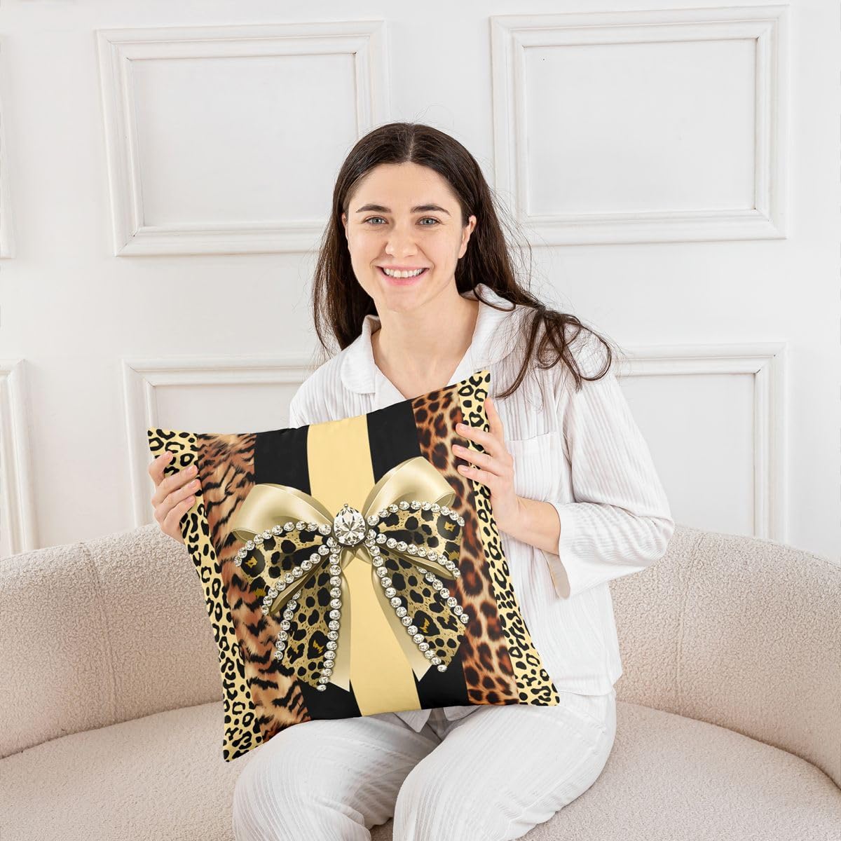 Feelyou Leopard Print Throw Pillow Covers Set of 2 Girls Yellow Bow Square Cushion Covers Cheetah Pillow Case Bow Knot Print Cushion Case for Couch Sofa Bedroom Decor 22 x 22-Inch