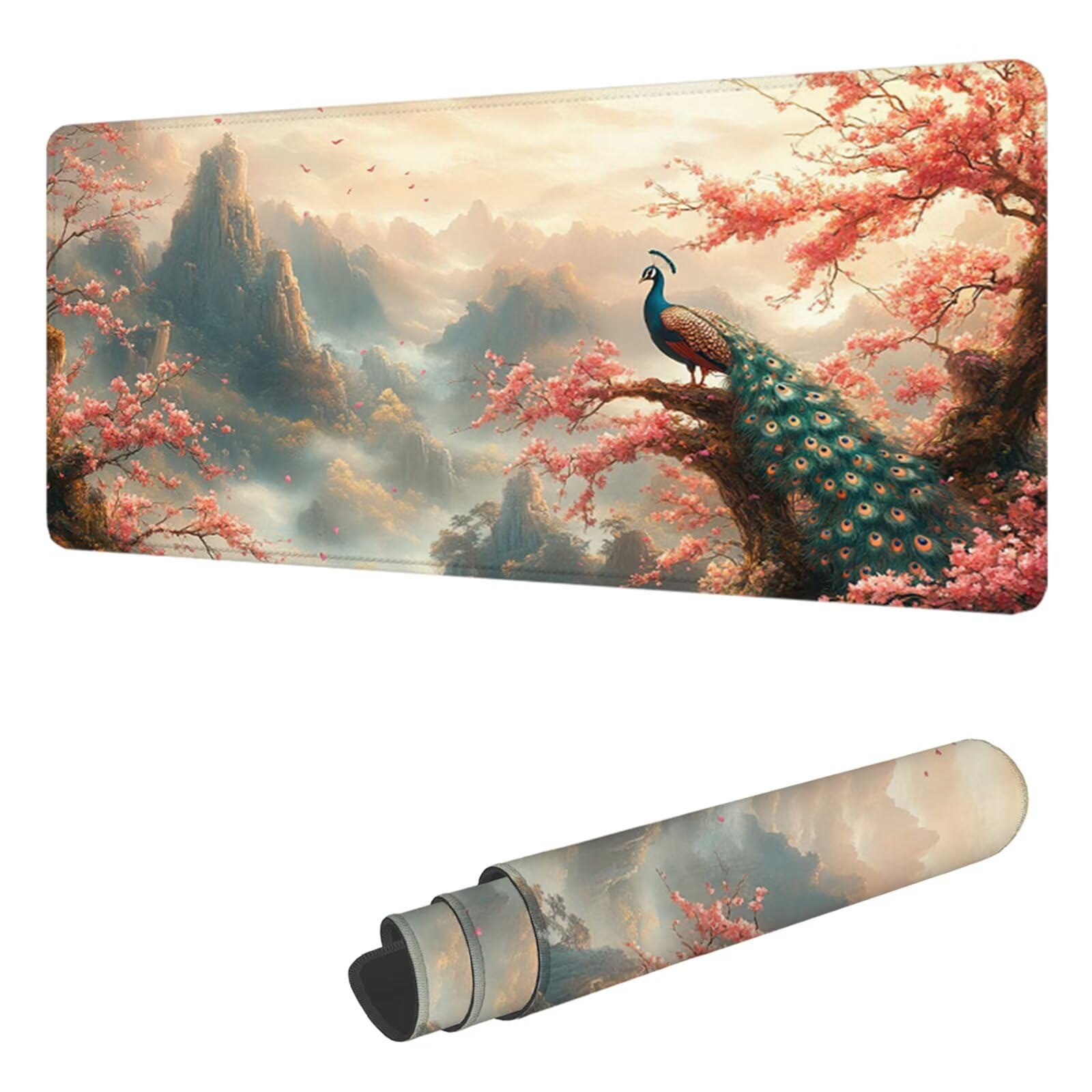 Podkładka pod mysz do gier paw podkładka pod mysz XXL 1400 x 600 mm, podkładka pod mysz pod biurko kwiaty wiśni z antypoślizgową gumową podstawą, wodoodporna szyta krawędź, do pracy, gier, biura, H