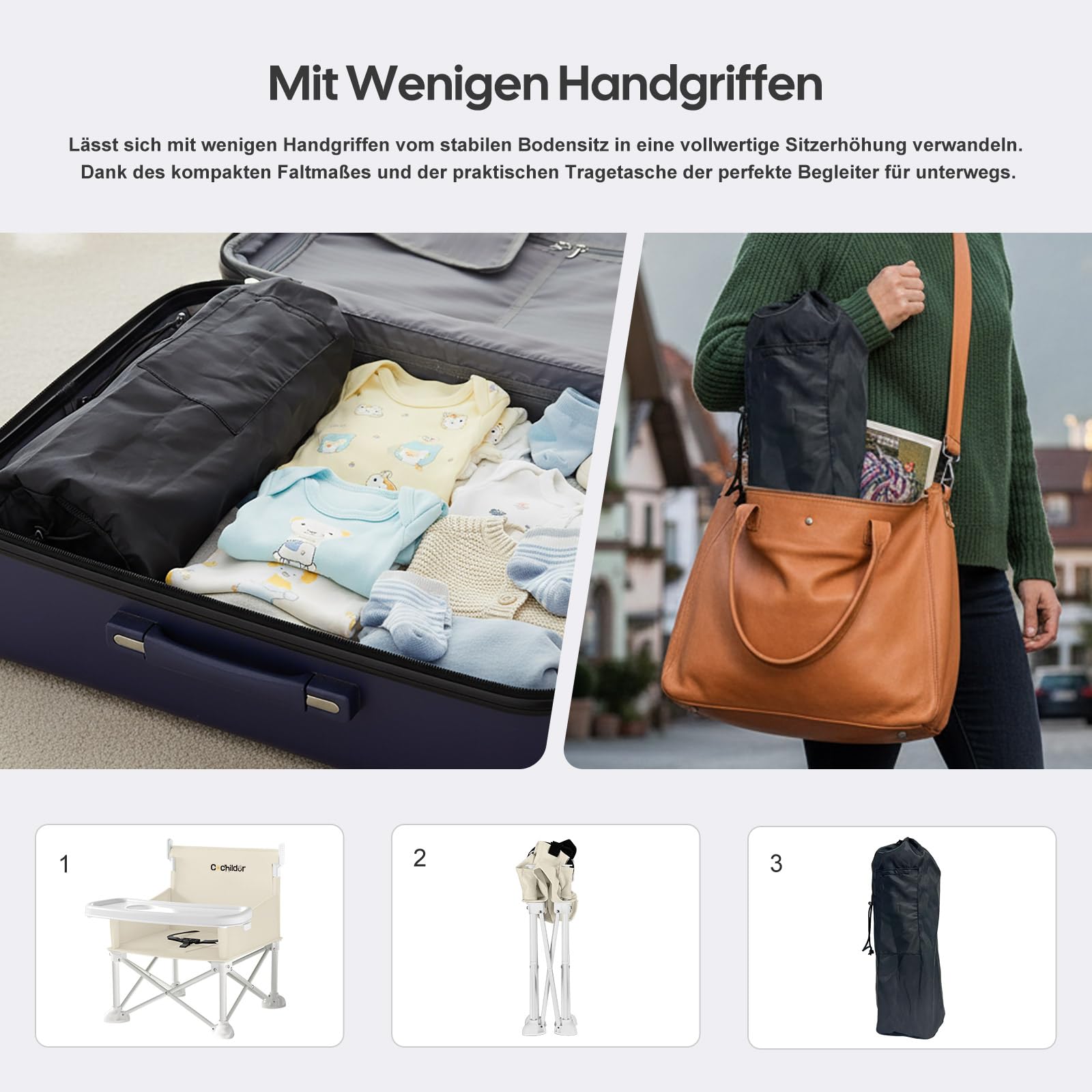 Cochildor 4-in-1 Tragbare Sitzerhöhung für Babys, Faltbarer Babysitz, Beige