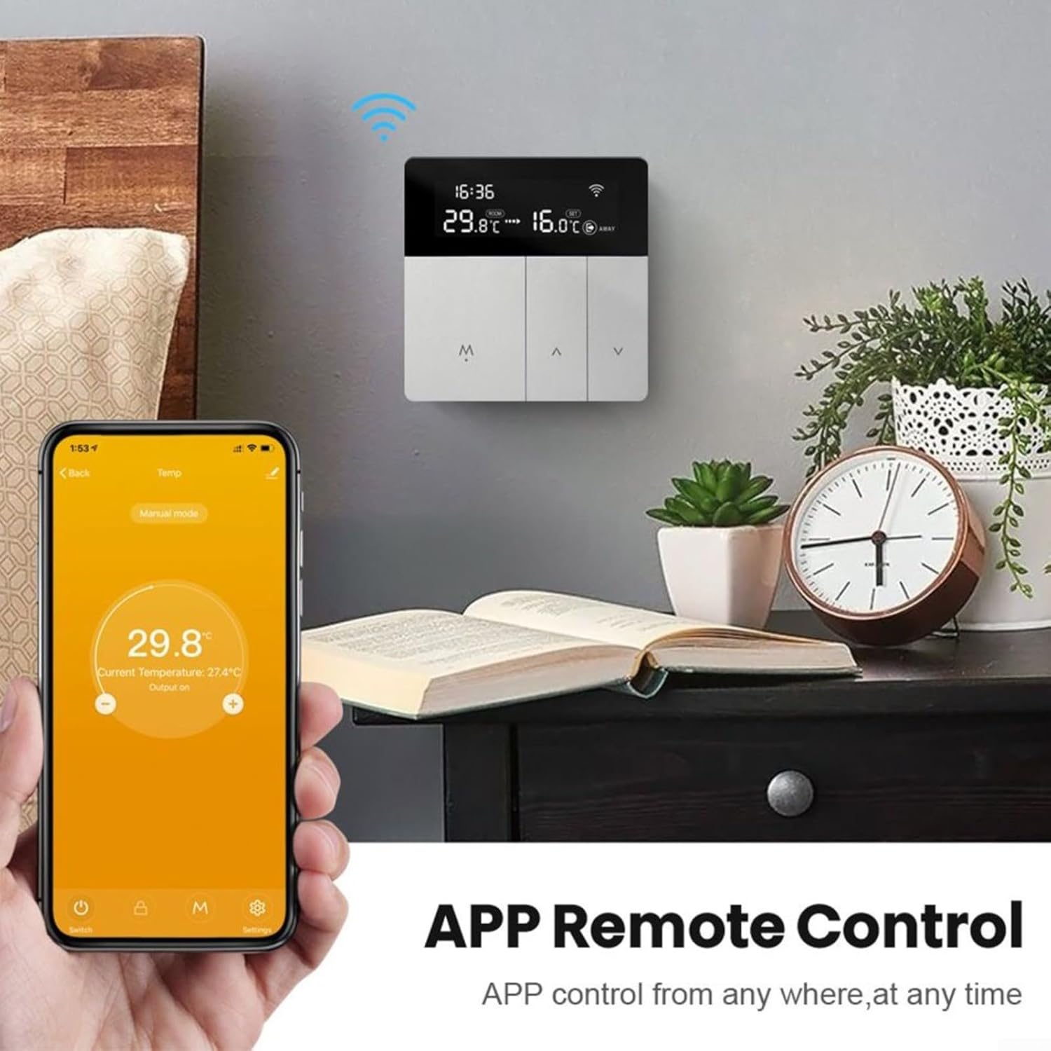 Image showing the URPIZY Smart Thermostat mounted on a wall, with a hand holding a smartphone displaying the Tuya Smart app interface for remote control.