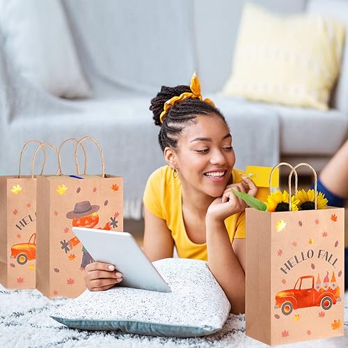 Miniatura 7 de Yexiya Bolsas de regalo de otoño a granel de papel kraft de Acción de Gracias, bolsas de dulces de otoño con asas, bolsas de golosinas de otoño para