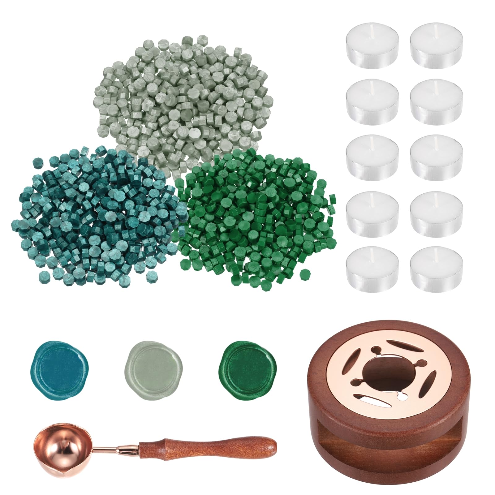 PATIKIL Wax Seal Kit, 300 Pcs Wax Sealing Beads, Wooden Warmer, Melted Spoon, 10 Pcs Tealight Candles for Envelope Letter Mailing Crafts DIY, Pine Green/Duck Green/Green Silver