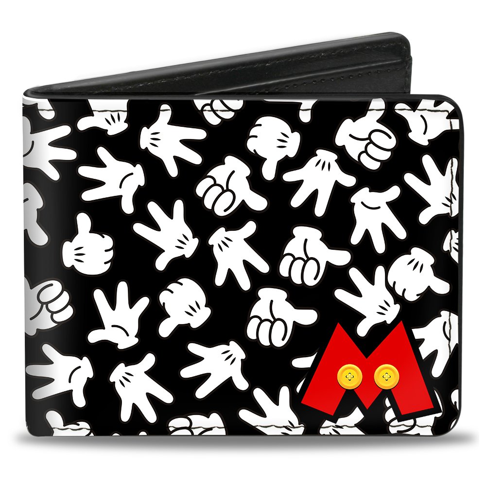 Buckle-Down Men's Mickey Mouse M Icon/Hand Gestures Scattered Black/White Bi-Fold Wallet, Multicolor, Default Size, Multicolor, Default Size