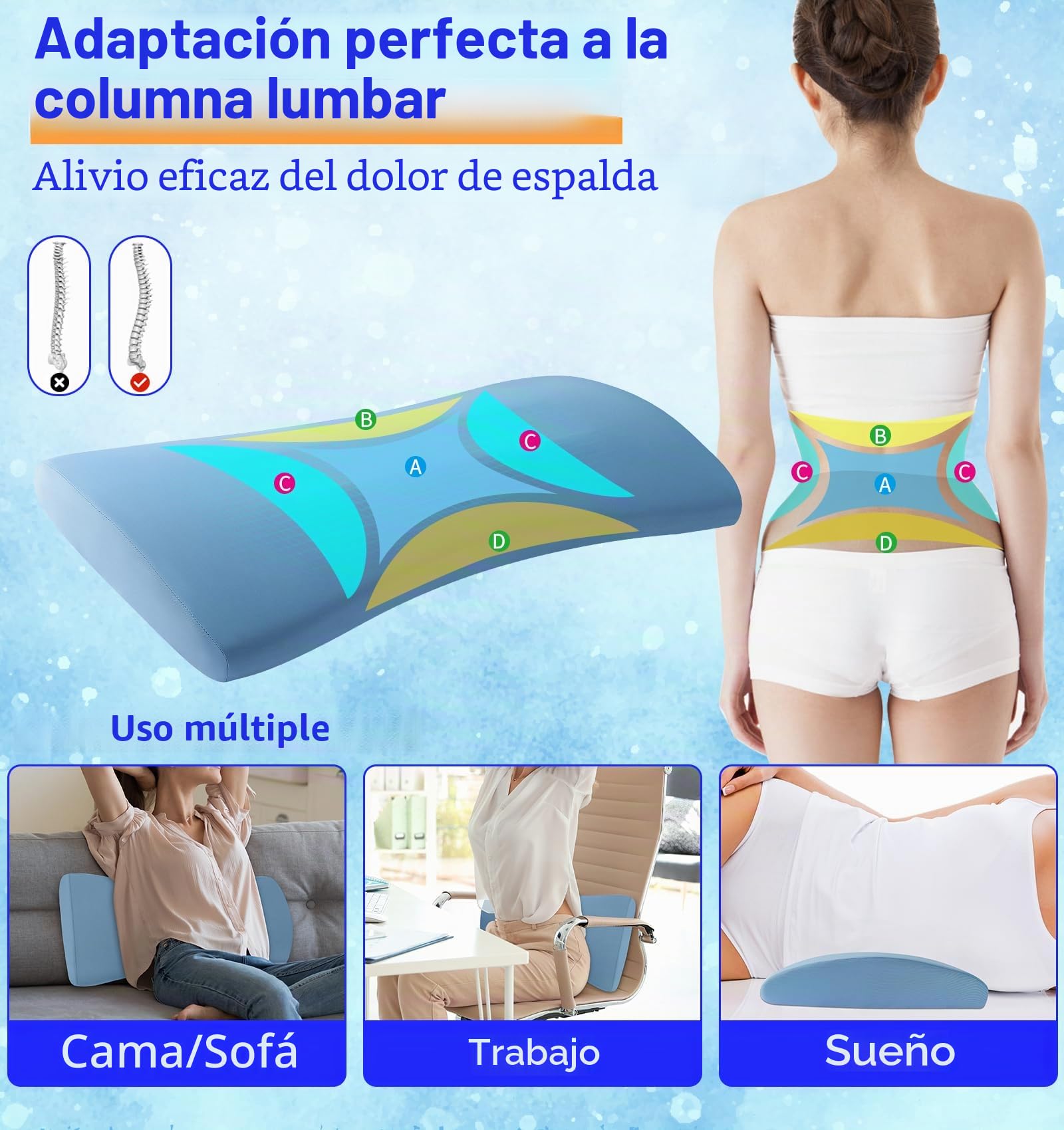 Cojín lumbar ortopédico ergonómico de espuma viscoelástica para la espalda y el sofá – Alivio en la espalda baja – Funda extraíble lavable