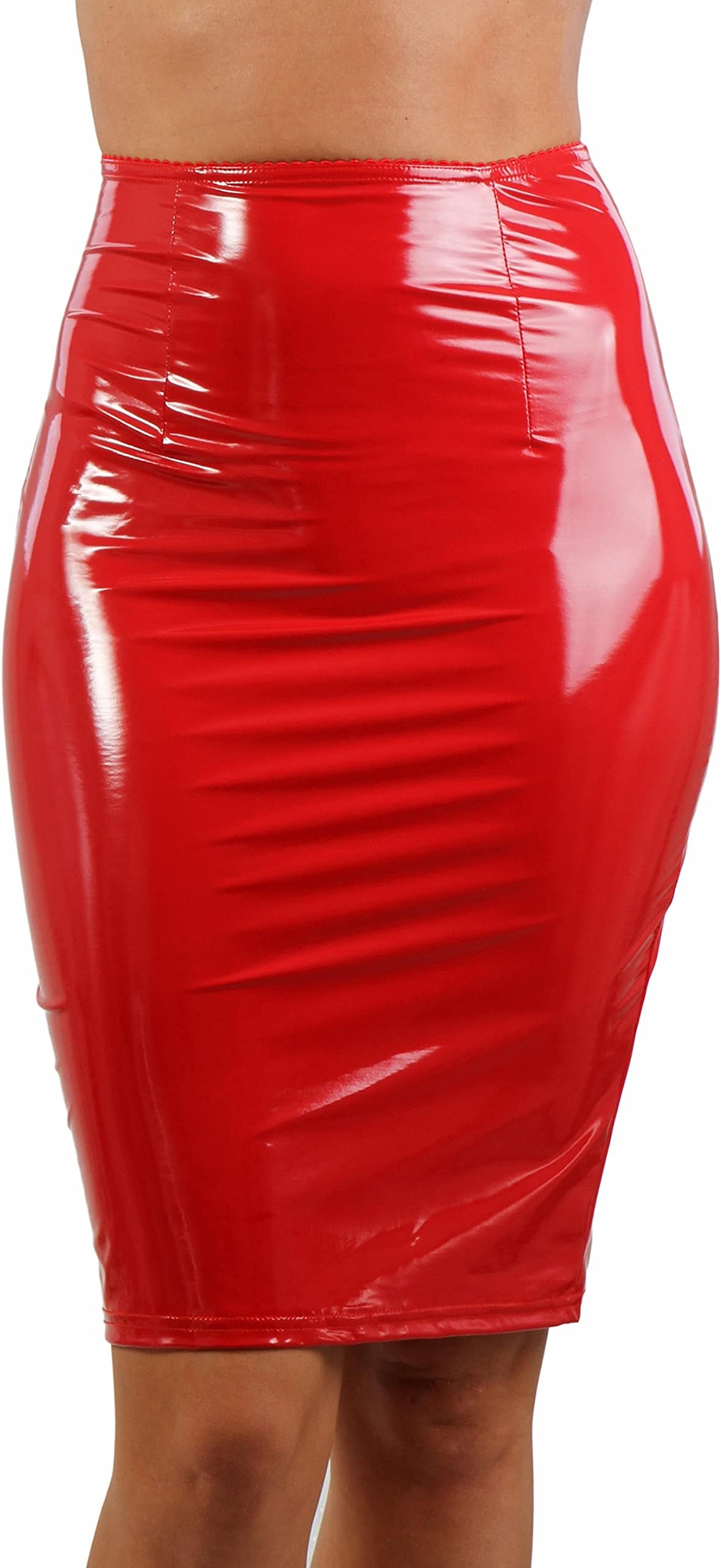 Women's Wetlook Sexy 3/4 Skirt Vinyl Knee-Length Clubwear Party Bodycon Skirt with 2-Way Zip
