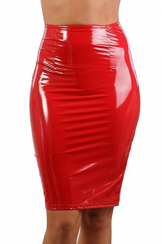 MISS NOIR Wetlook Bleistiftrock Damen - Knielang mit 2-Wege-Reißverschluss | Figurbetonte Passform; glänzende Lackoptik; ideal für Party & Clubwear; Schwarz oder Rot; Größen S–3XL - M - Rot (194661-rd)