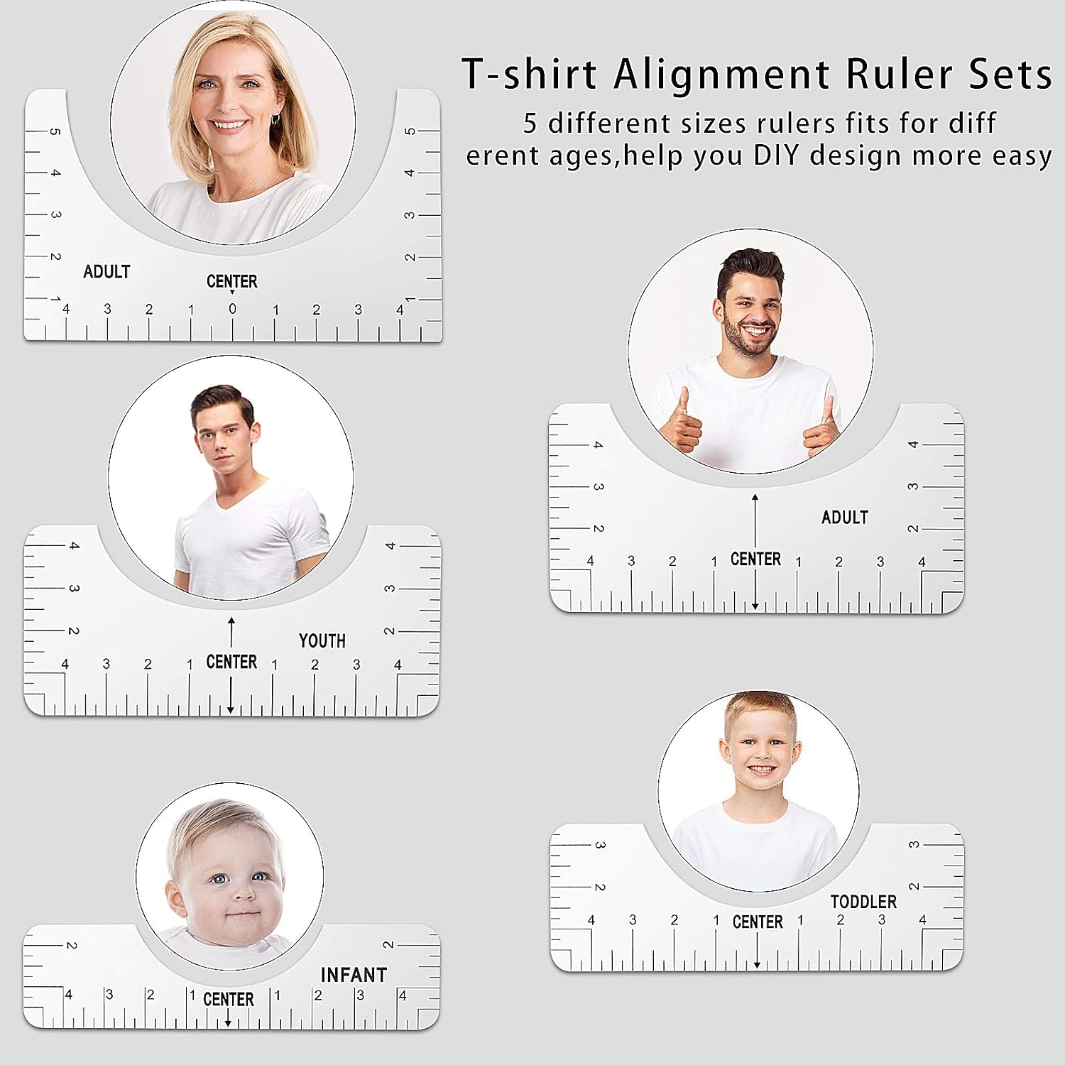 5 Pack Tshirt Ruler Guide for Vinyl, T Shirt Rulers to Center Designs,Tshirt Vinyl for Heat Press,Tshirt Ruler for Vinyl Alignment,T-Shirt Alignment Tuler for Adult Youth Toddler Infant