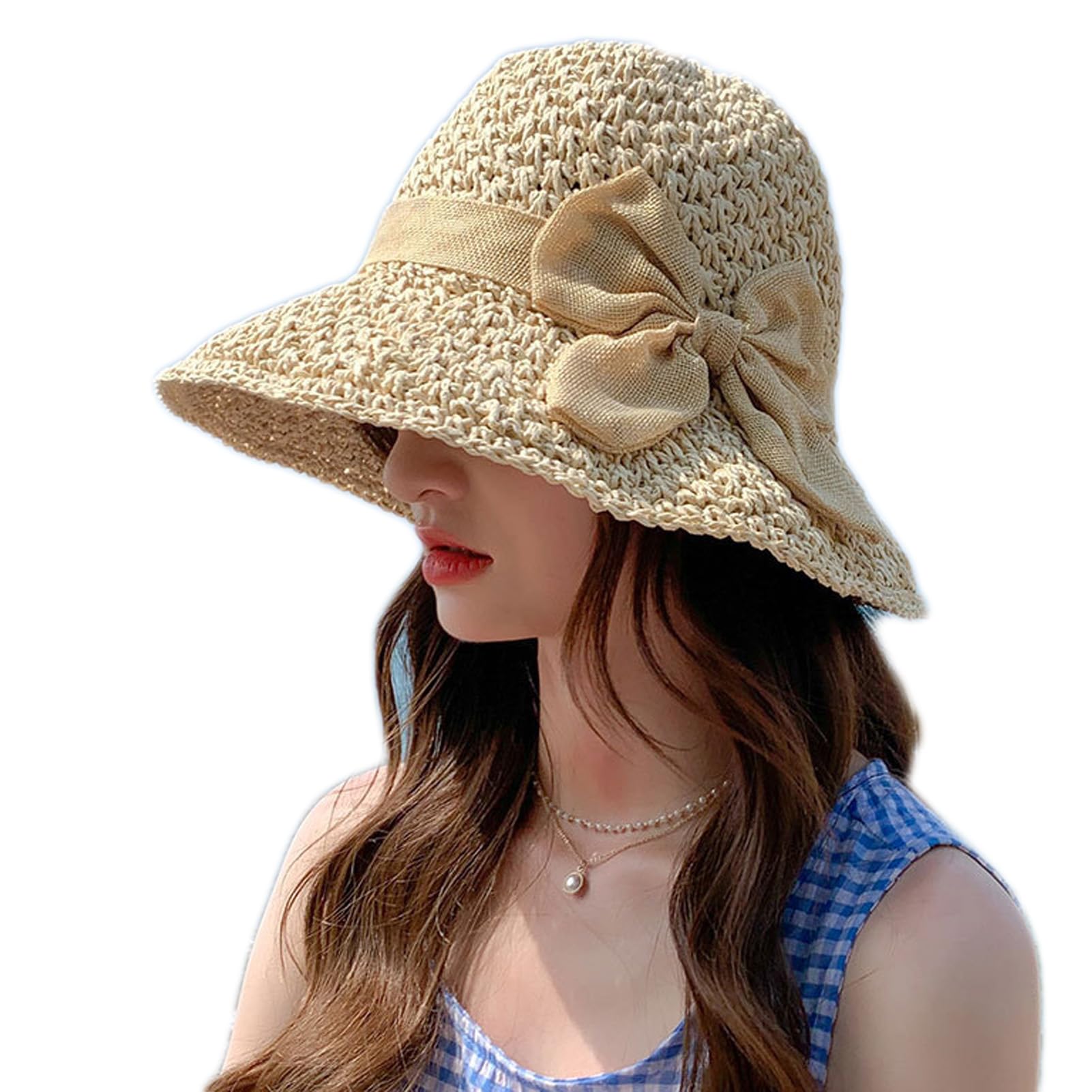 Genérico Sombrero de Paja Plegable para Mujer, Gorra Playa de Verano con Lazo, Sombrero de Sol de ala Ancha Anti-UV Sombrero de Panamá Suave Transpirable Gorra de Pescador