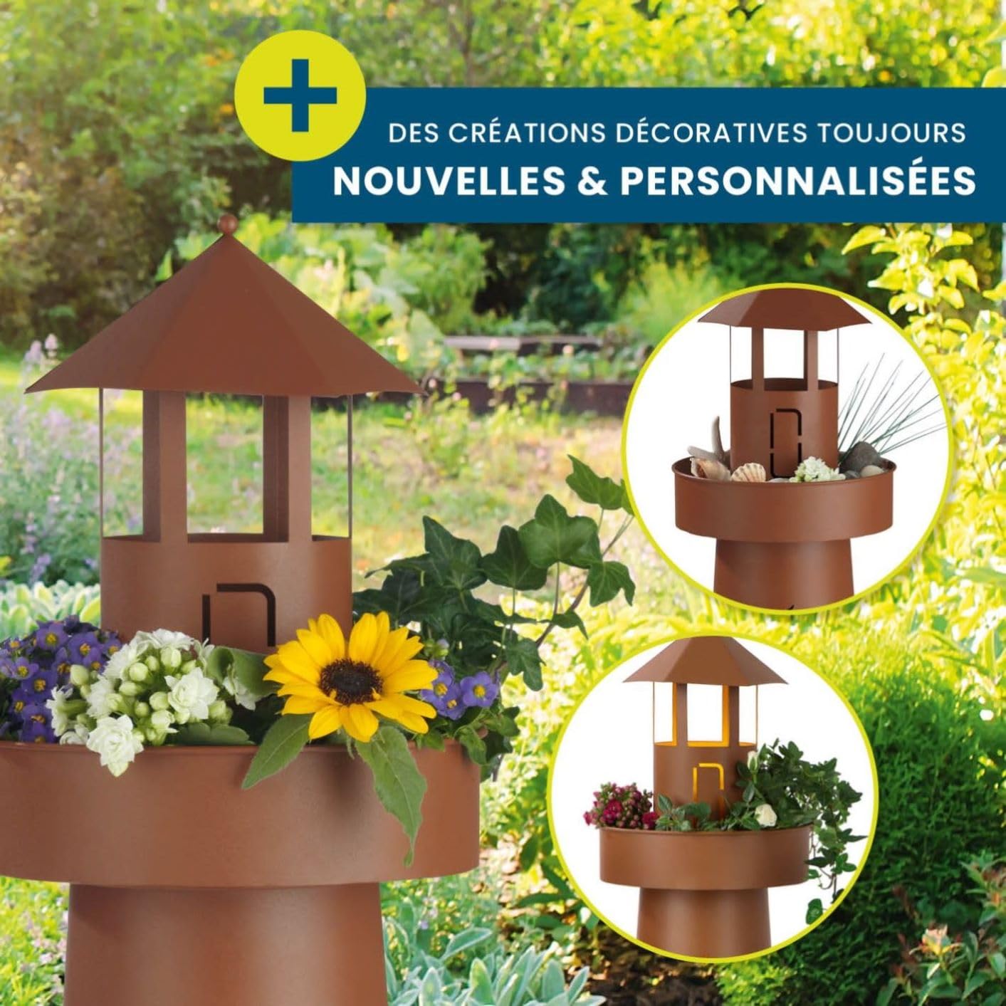 Hoberg Colonne de plantes LED | Design phare | Aspect rouille | Convient pour l'intérieur et l'extérieur | Eclairage LED | Minuterie 6h | Sans fil | Avec bac à plantes | Hauteur env. 80cm