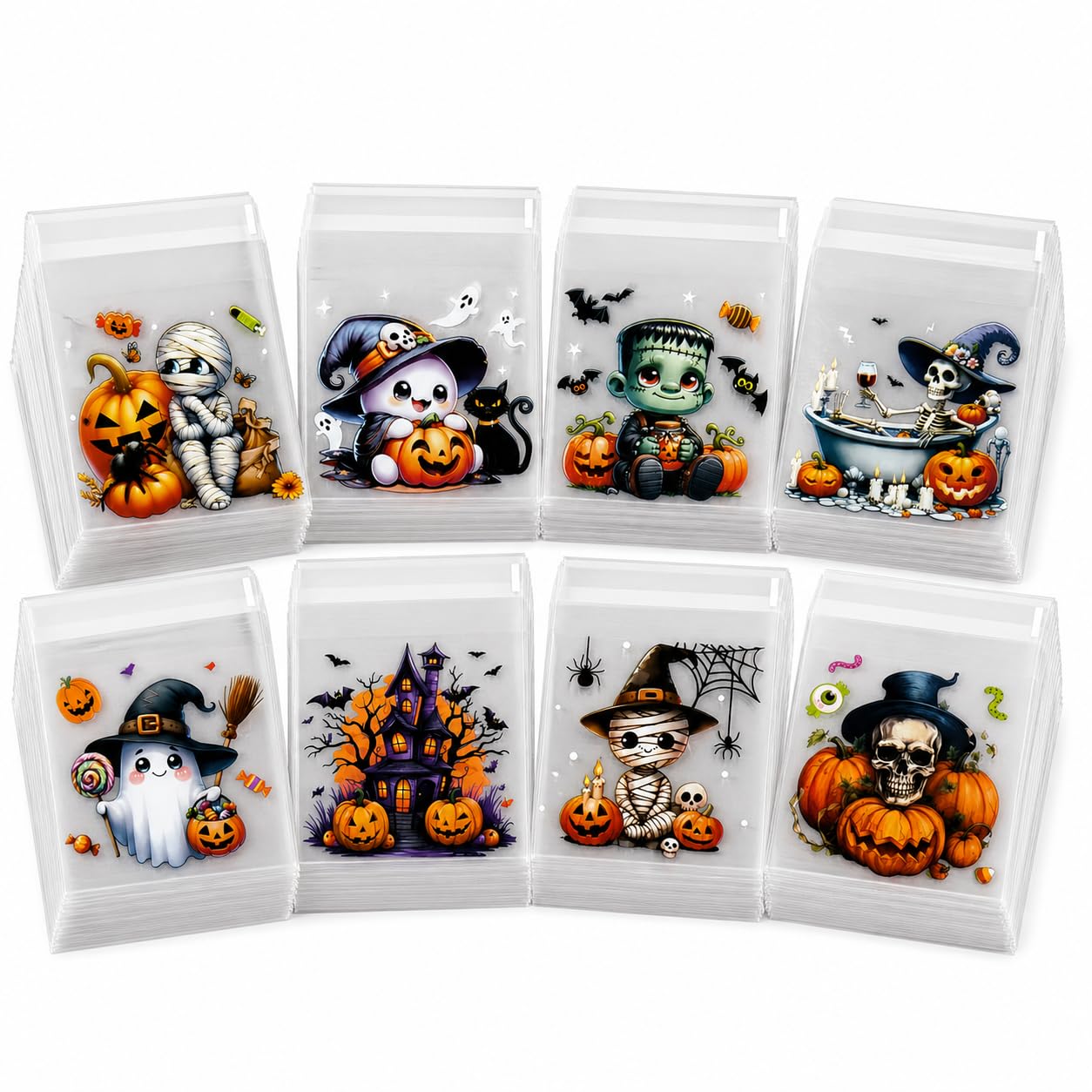AURALIN Halloween Sweet Bags 200 Pcs Self-Adhesive Cookie Bags 10 x 10 cm