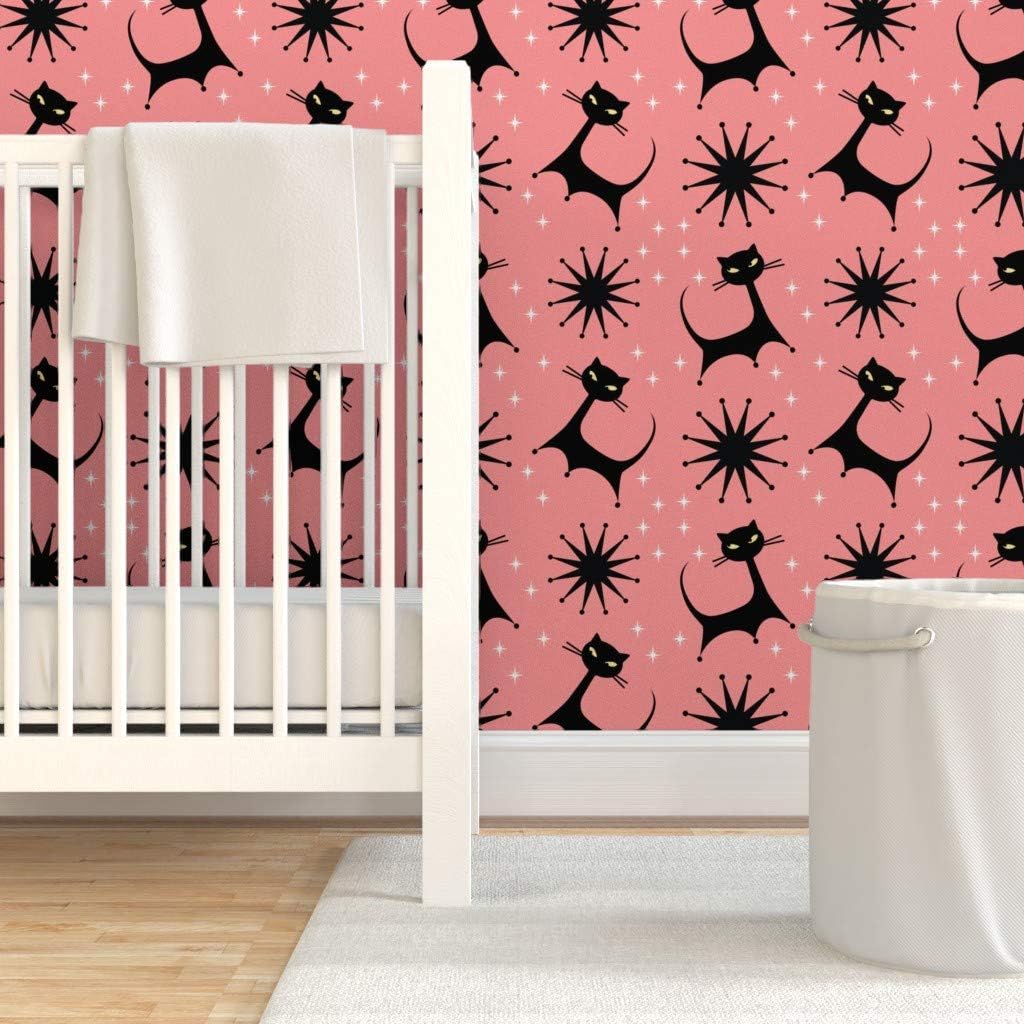 Peel & Stick Wallpaper 6ft x 2ft - Pink Vintage Retro Kitsch Atomic Mid Century Kitty Cat Custom Removable Wallpaper by Spoonflower