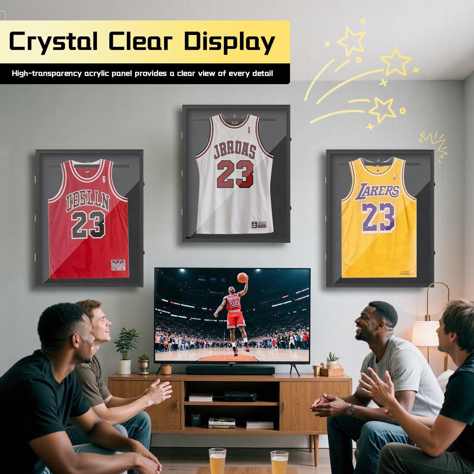 Trikotrahmen Fußball 70x90cm, Trikot Bilderrahmen, Schwarzer Bilderrahmen für Trikot mit Acrylglas und Sicherheitsschloss, zum Aufhängen, for XL Eishockey Fußball Basketball T Shirt