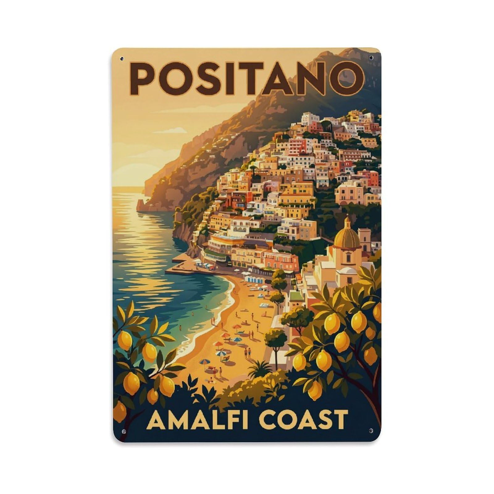 Vintage Travel Positano Italy Golden Metal Tin Sign Plaque Wall Decor for Cafe, Club Bar, Office, Garden Metal Poster 8x12Inch