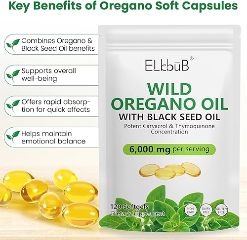 Miniatura 3 de ELBBUB Aceite de orégano con aceite de semilla negra, 6000 mg de cápsulas blandas de orégano de alta resistencia, 120 unidades, sin gluten, sin OMG,