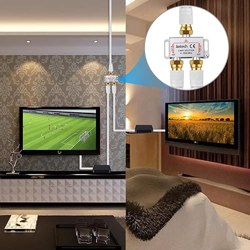 Miniatura 4 de Justech Divisor de cable coaxial aéreo de TV de 2 vías, divisor de cable coaxial 5-2500MHz con cable coaxial de 4.9 ft conectores F para Sky Box