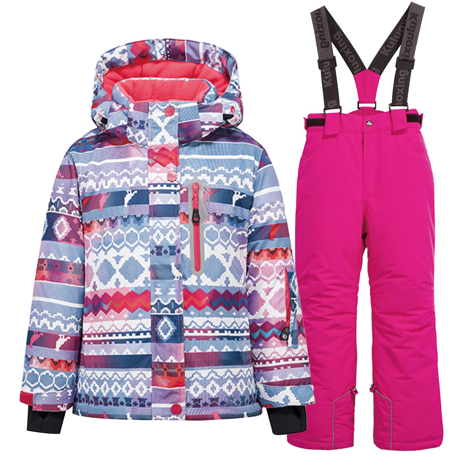 Conjunto de traje de esquí infantil de 2 piezas con capucha, traje de nieve impermeable a prueba de viento para niños y niñas, chaqueta de esquí cálida y pantalones de esquí, pixeles +