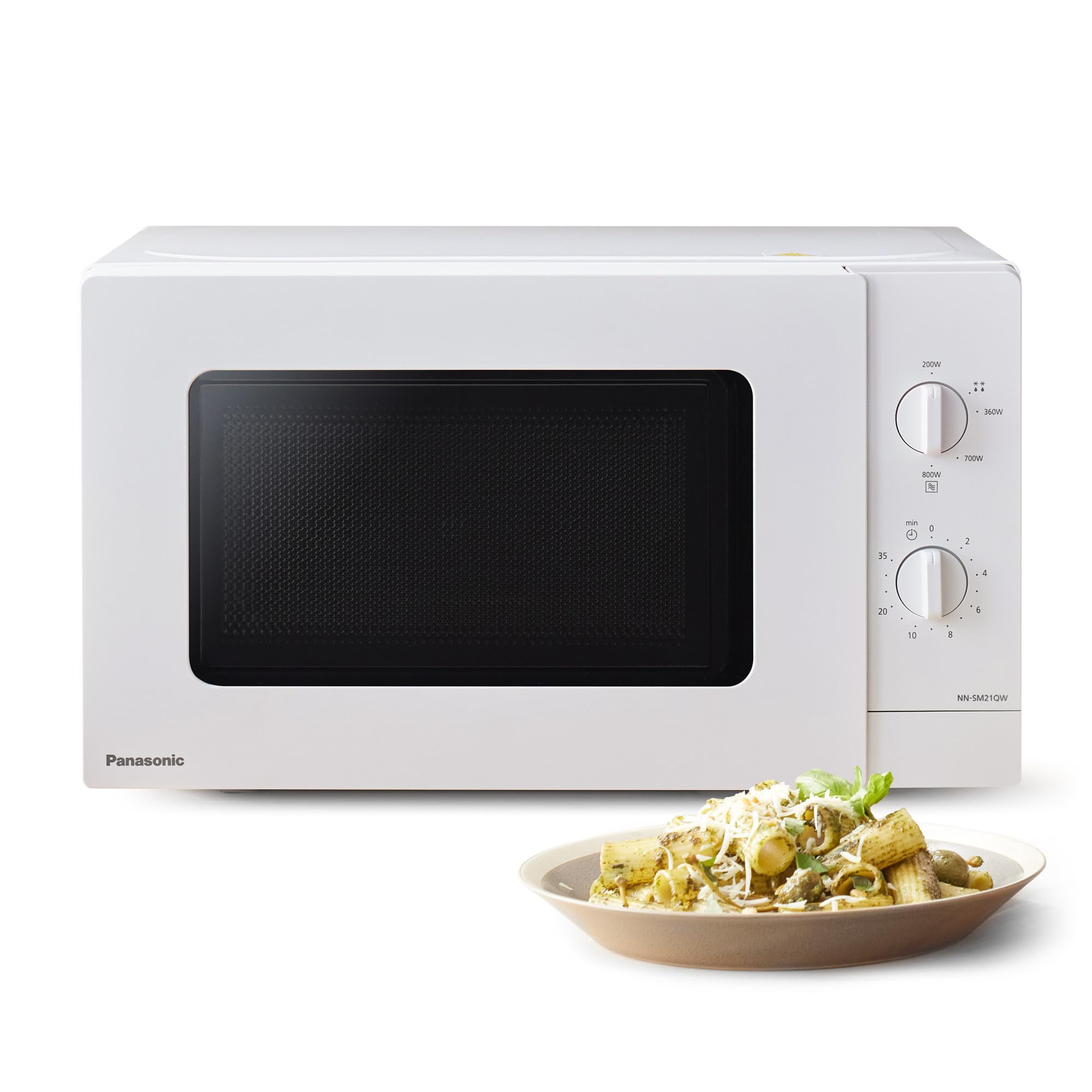 Panasonic NN-SM21QWEPG 20L Solo-Mikrowelle mit Glasschale, 800 W, Auftaueinstellung, 5 Leistungsstufen, Drehregler, kompaktes Design, Timer, Weiߠ