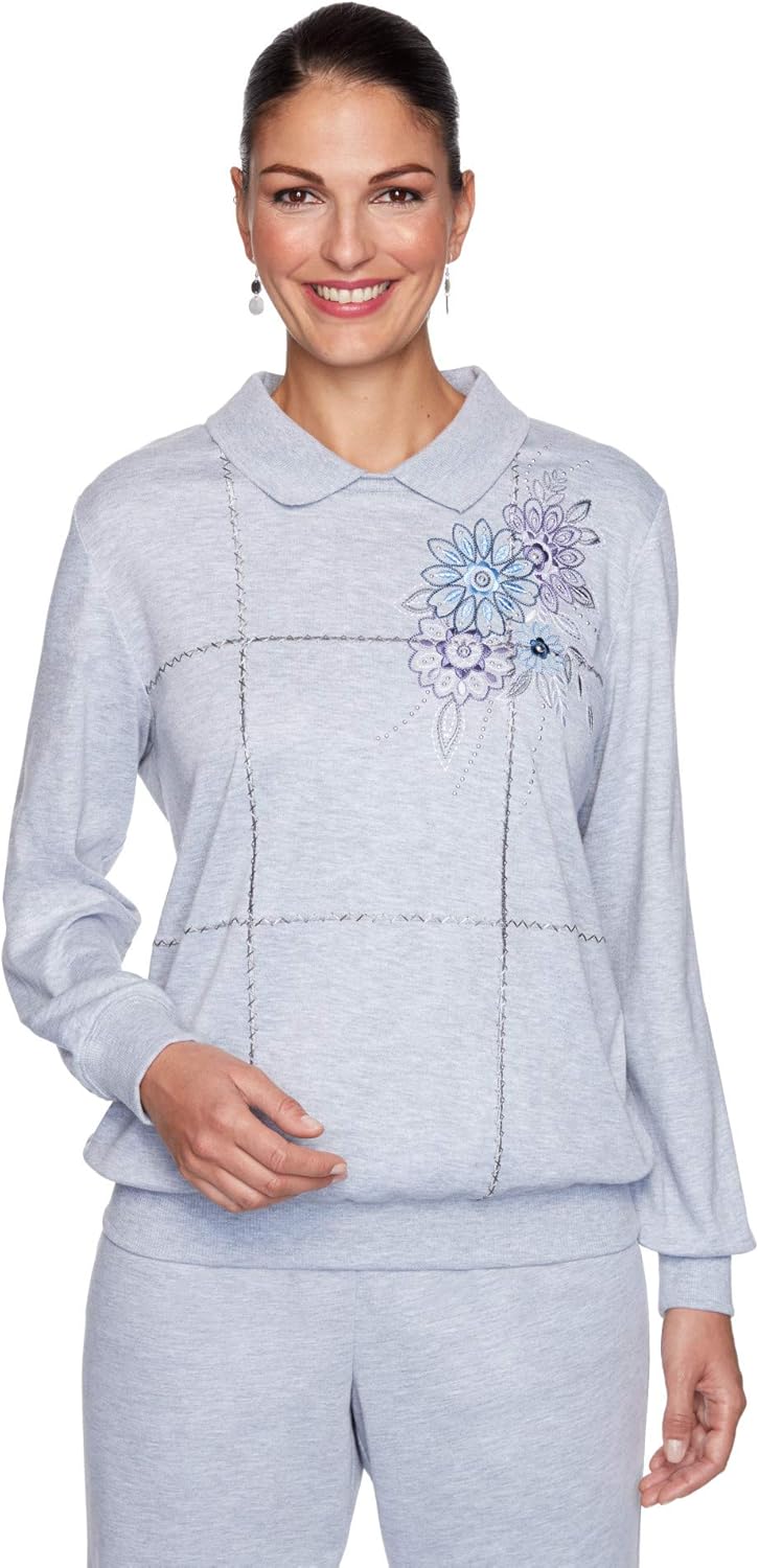 Alfred Dunner Women's Plus-Size Flower Embroidered Collard Neckline Top