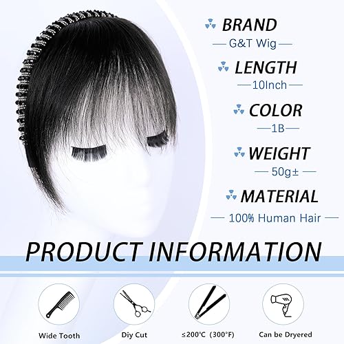 Miniatura 3 de G&T - Flequillo con clip para el cabello humano, flequillo delgado con fleco de diamantes de imitación, extensiones de cabello para mujer, flequillo