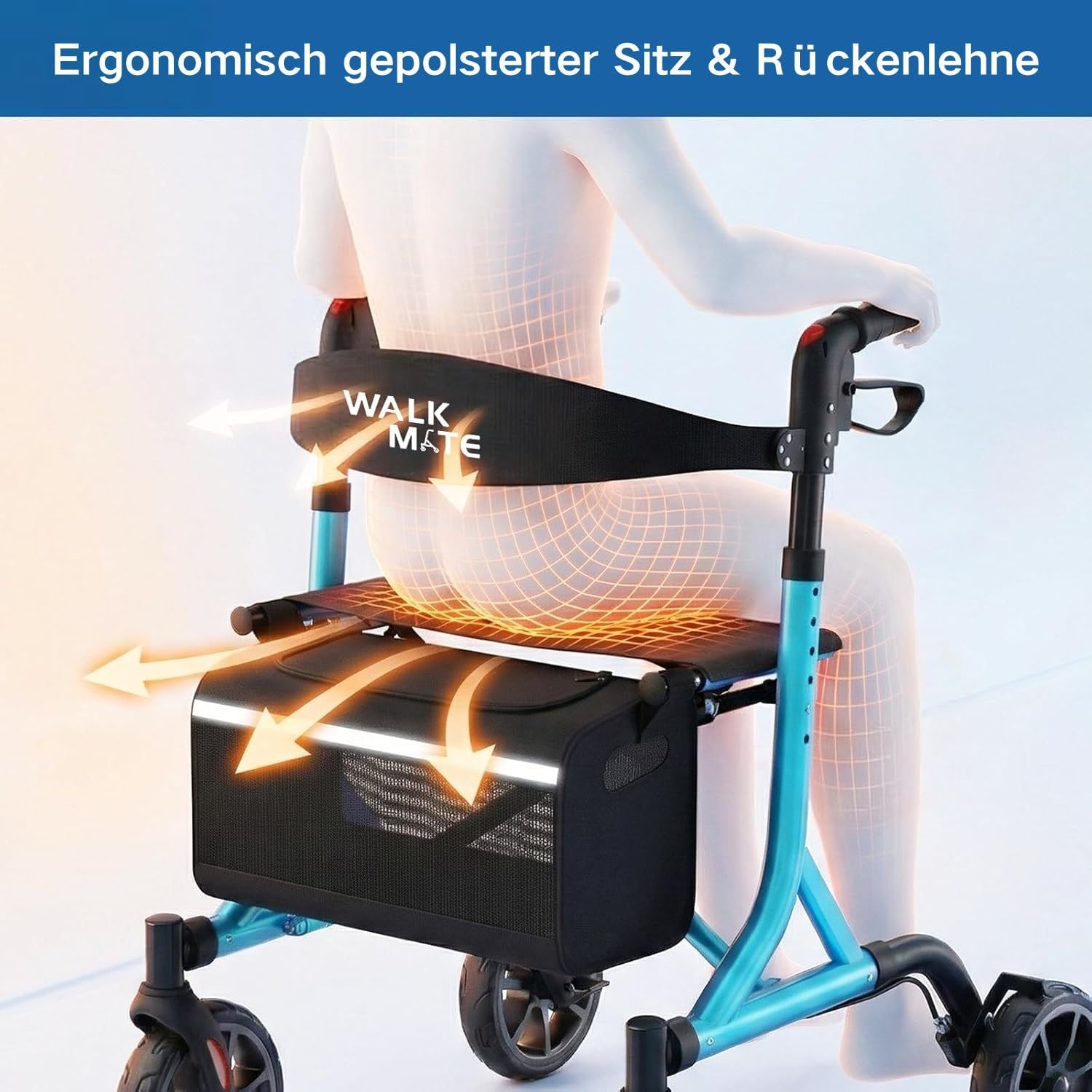 WALK MATE Rollator Faltbar und Leicht mit Sitz für schmale Wohnungen | ergonomische Höhenverstellung 150–190 cm,Rollatoren für Senioren Klappbar mit 20cm Reifen, nur 6.7kg leicht
