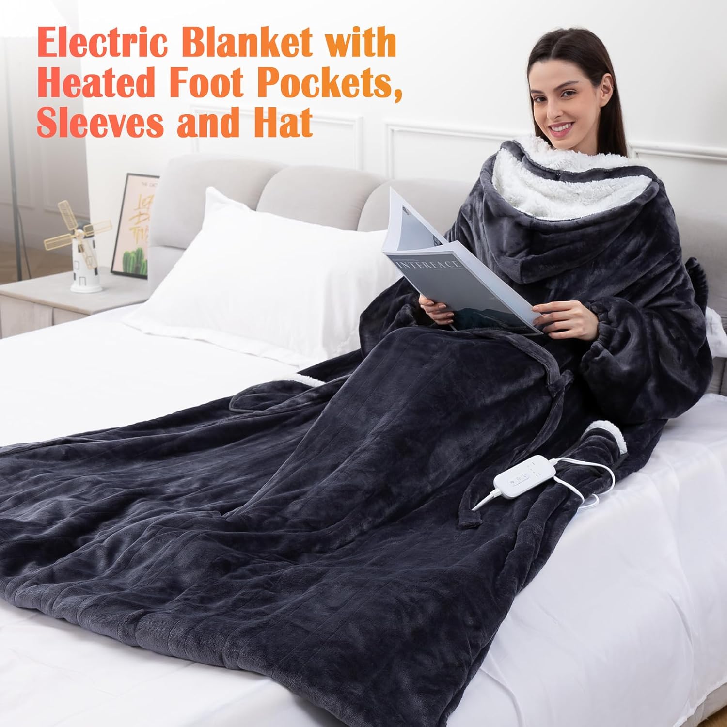 Wearable Heated Blanket with Heated Foot Pocket, Electric Wearable Throw Blanket with Sleeves, Hood, Foldable Foot Pocket, Heated Blanket Throw with 8 Heat Levels, 1-10H Auto Off Settings, 50*70" - Image 8