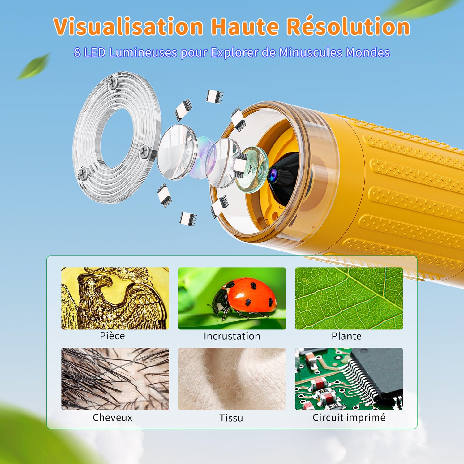 SKYBASIC Microscope Numérique pour Enfants avec Écran IPS 2.0 Pouces, Rechargeable, Grossissement 1000x, 8 Lumières LED, pour Enfants de 4 à 8 Ans（Jaune）