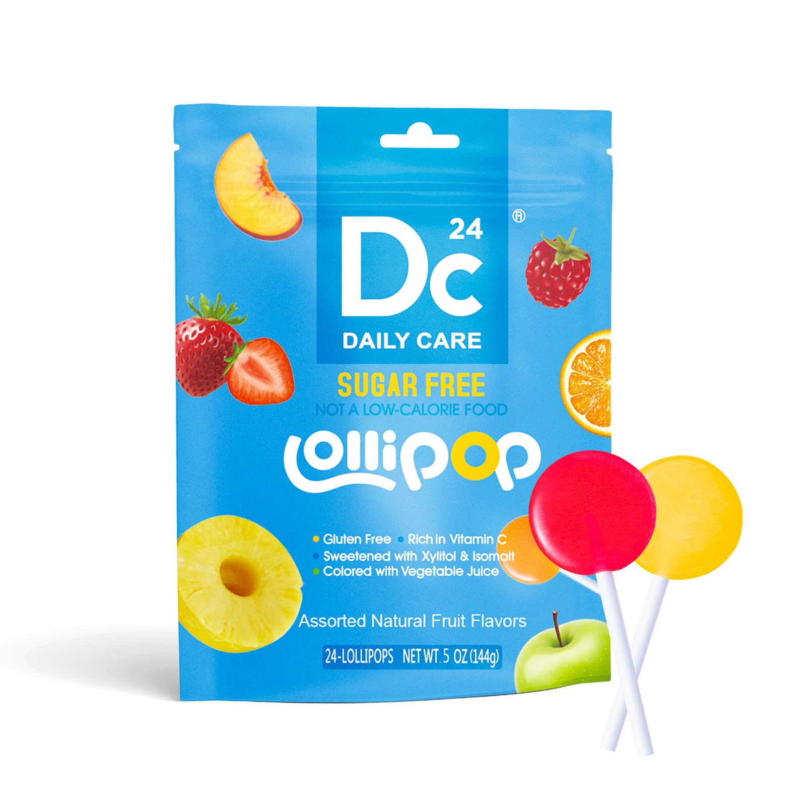 DC24 DAILY CARE Lutscher, Zucker frei Lutscher, reich an Vitamin C Pops, Anti Karies, natürliche Frucht Vielfalt aromatisiert 24 Lollipops für Kinder, Allergie freundlich, Gluten frei, Non-GMO, 144g