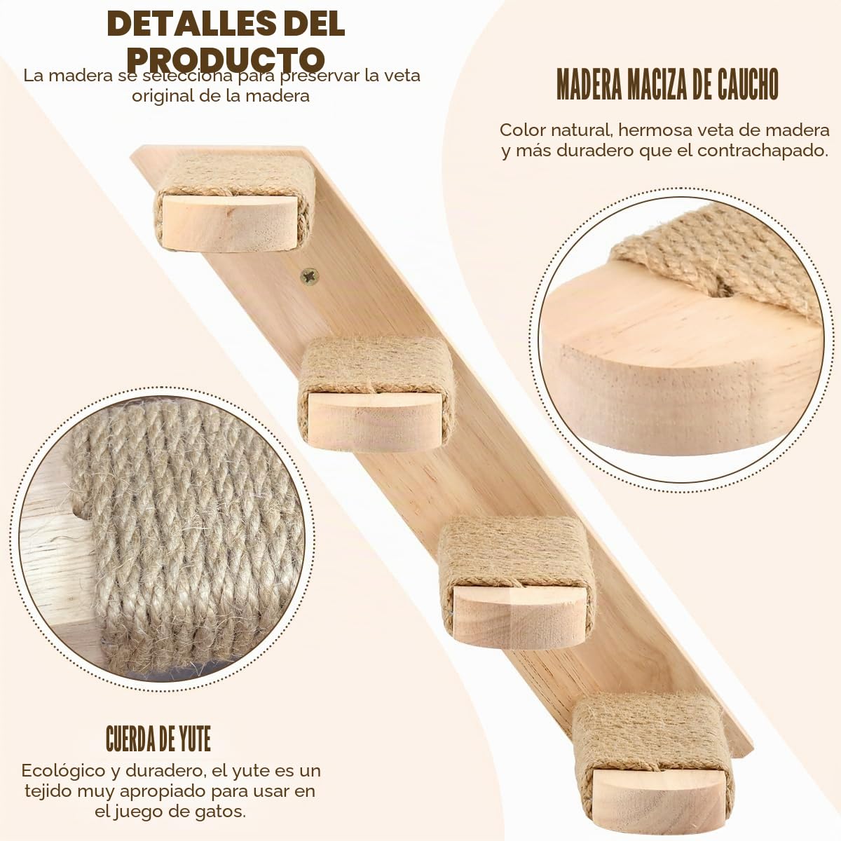Estantes de Escalada YOPEUC para Gatos, Hecho de Madera de Caucho con Rascador de Yute y Escalera de Madera Cuerda Sisal para Trepadores