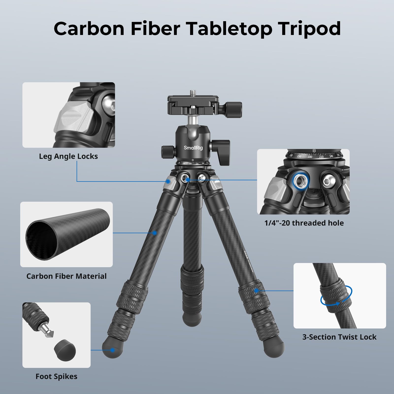 SMALLRIG Mini Treppiede da Tavolo in Fibra di Carbonio, Kit Treppiede da 15,5'' / 39,5 cm con Testa a Sfera a 360°, Capacità della testa a Sfera 3 kg / 6,6 Libbre per Fotocamere, DSLR, Obiettivi