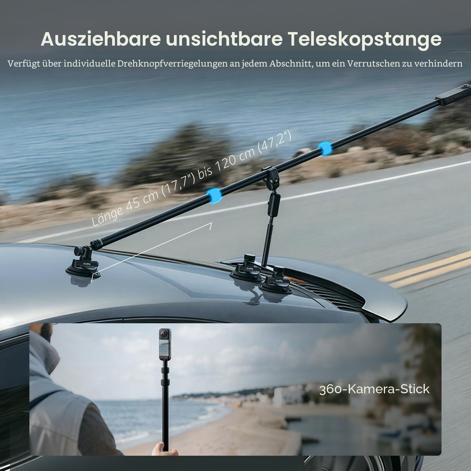 SMALLRIG Autohalterung für Insta360 X5/X4/X3, für DJI OSMO 360 / Action, für GoPro, Triple-Saugnapf-Halterung Kit mit 120 cm teleskopischem Selfie-Stick, Kugelkopf, Magic Arm Klemme, Adapter- 5843