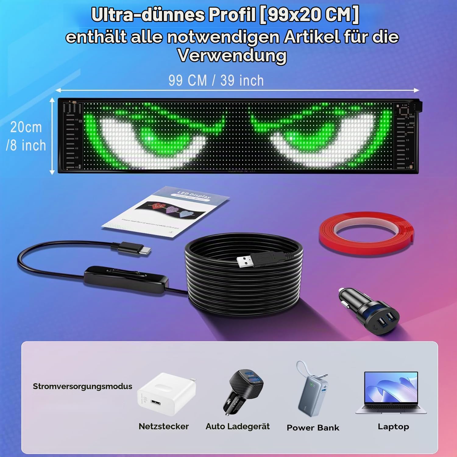 Großes LED Display 99x20 cm mit APP-Steuerung, Programmierbare RGB LED Laufschrift für Schaufenster, Geschäft, Restaurant & Werbung, Individuelle Texte, Bilder und Animationen per Bluetooth