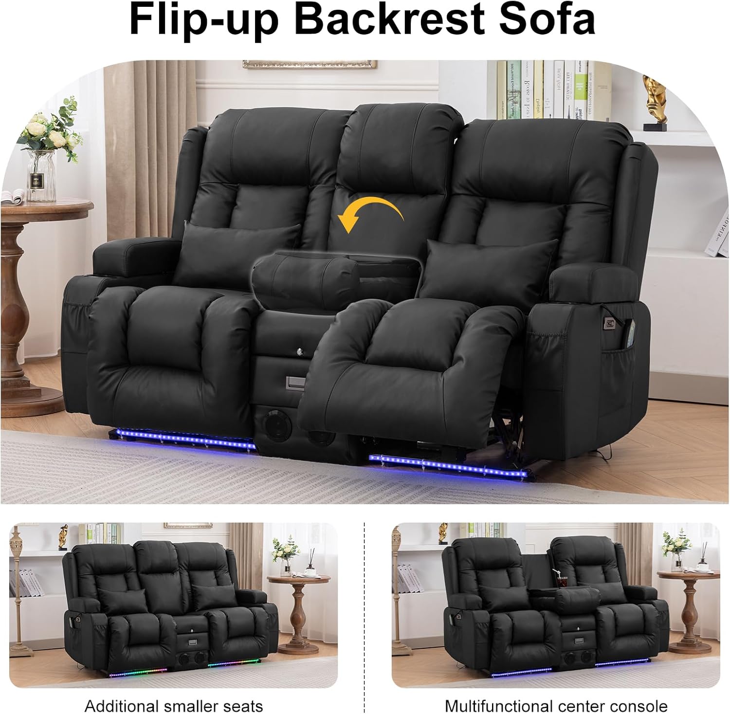 TUNYI Power Loveseat Recliner Sofa with Massage & Heat Home Theater Seating with Console RV Recliner Loveseat Sofa with USB/Storage/Side Pocket/LED Light/Speaker (Black, Loveseat)