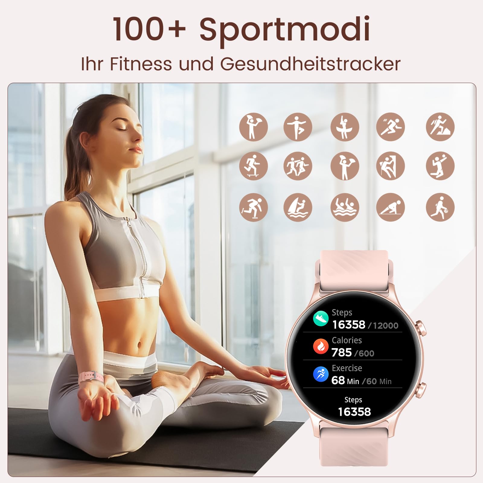 WalkerFit Smartwatch Mujer 1,39" HD para Hacer Llamadas, Reloj Fitness | Reloj inteligente IP67 con Bluetooth, iOS/Android, 100+ deportes, Monitor de frecuencia cardíaca, SpO2, sueño y ciclo Rosa