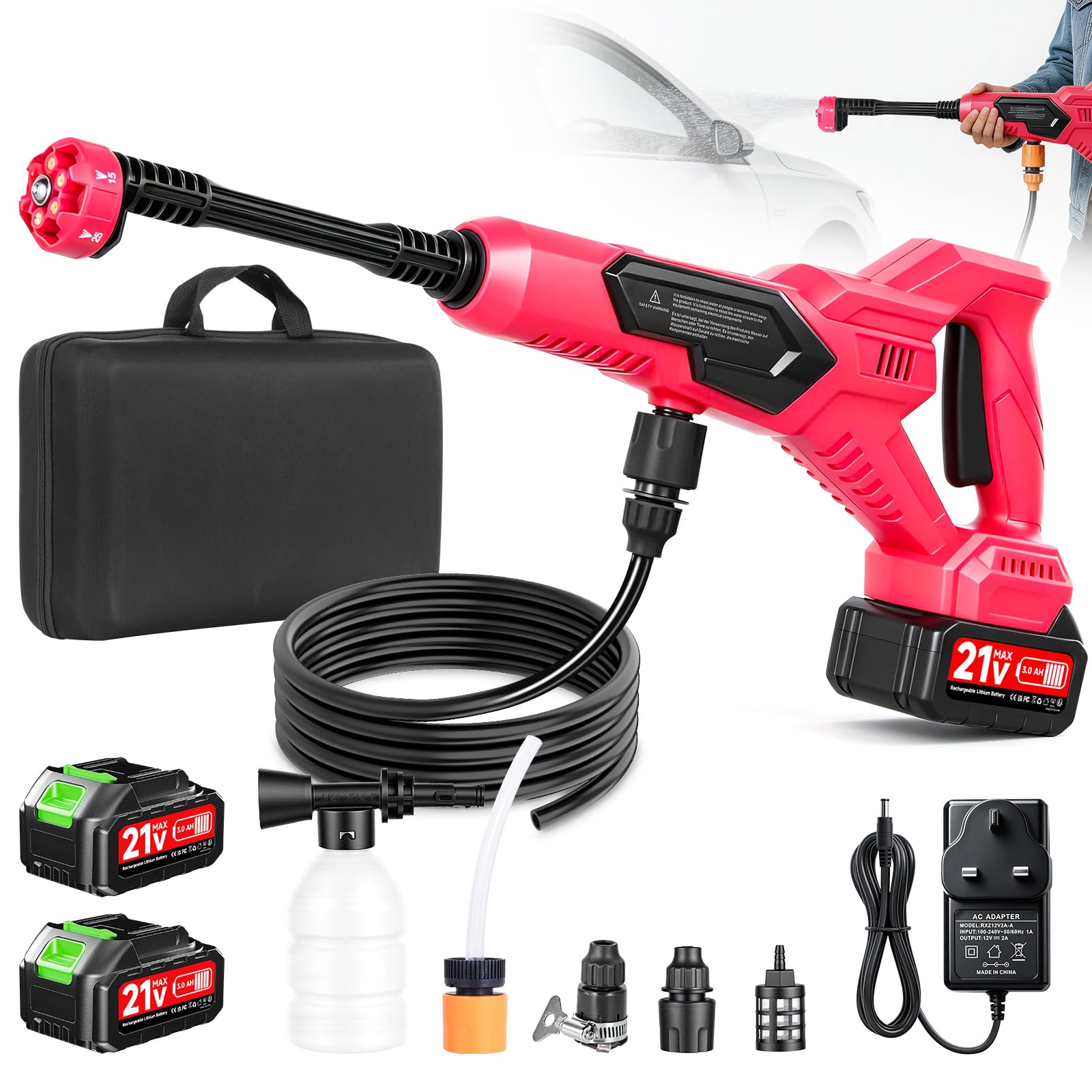 Cordless Pressure Washer, 120 B ar/1700PSI Portable Power Washer, 21V Battery Jet Washer with 5M Hose, 2 Batteries, Foam Pot, Bucket, 1500W Electric Patio Cleaner Tool for Car/Garden, Cleaning